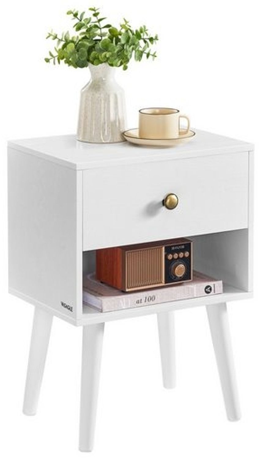 Vasagle Nachttisch, Beistelltisch mit Schublade und offener Ablage, Holzbeine, Couchtisch für Wohnzimmer, Schlafzimmer, Sofa, schneeweiß Bild 1