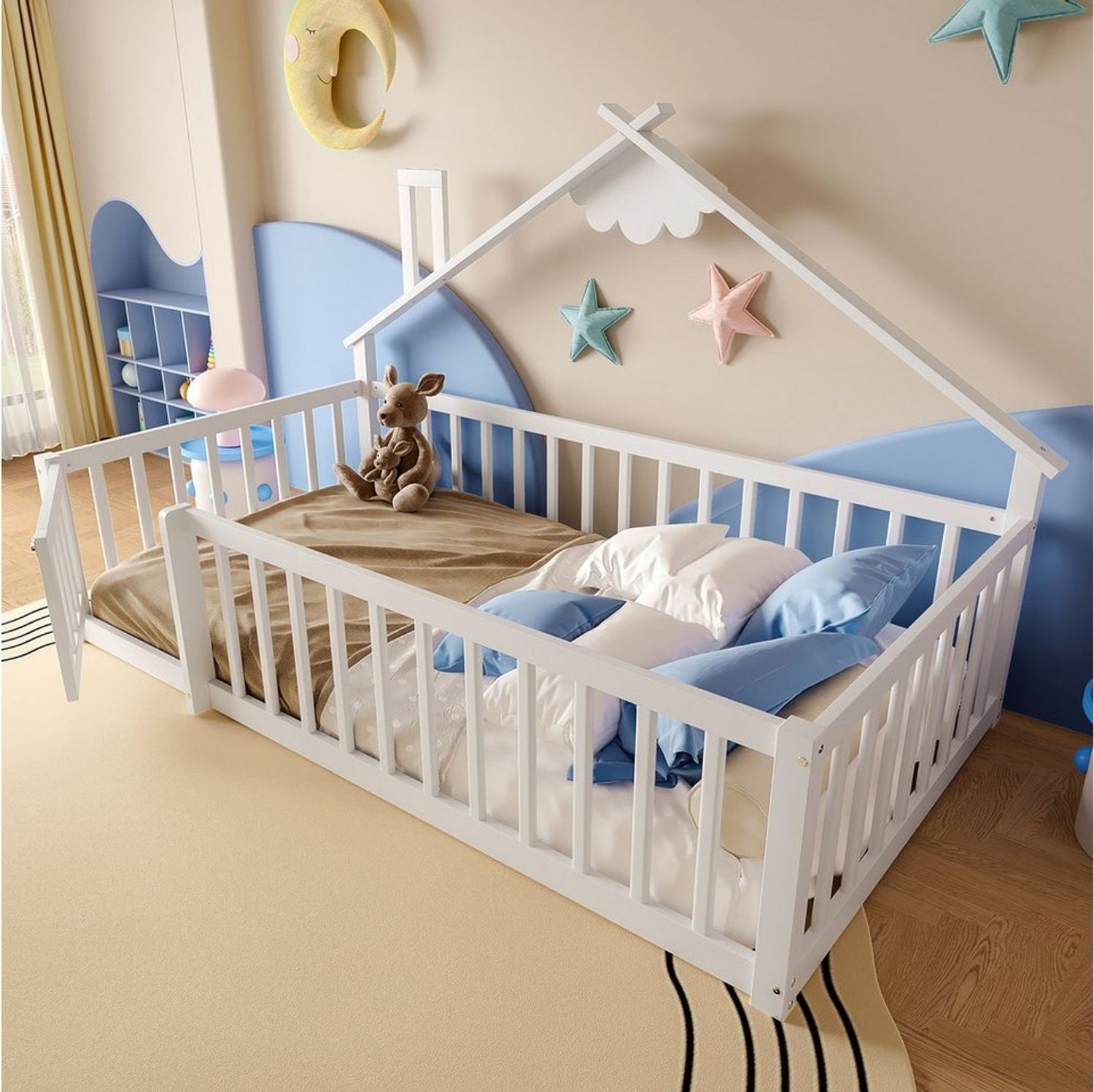 Flieks Kinderbett, Bodenbett Holzbett Hausbett 90x190cm mit Geländer Bild 1
