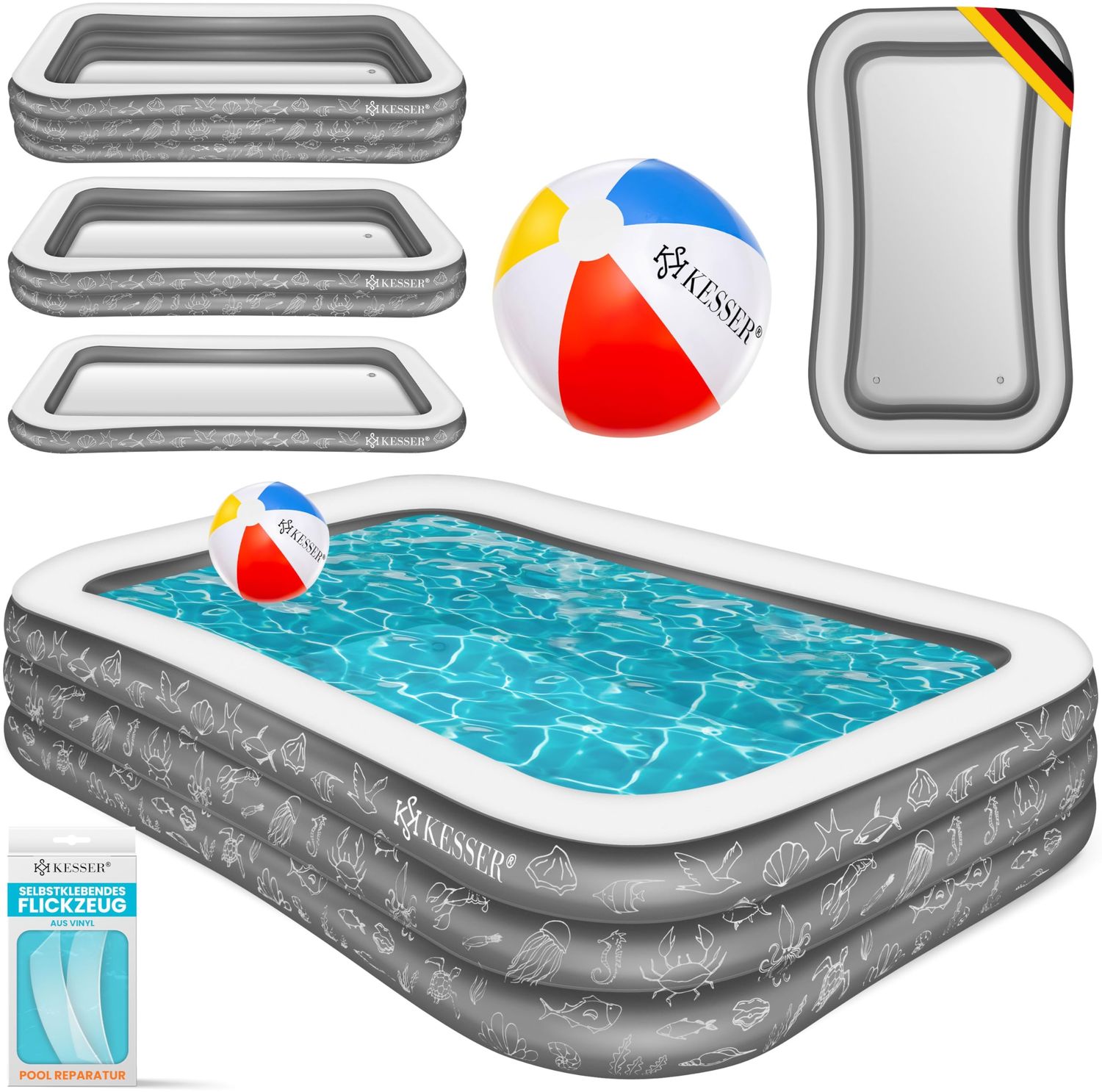 KESSER® Aufblasbarer Pool Familienpool für Kinder und Erwachsene Gartenschwimmbad Familienschwimmbad Sommer Planschbecken Füllmenge Kinderfreundlich Entwässerungslöcher Anthrazit, 2.4 Meter Bild 1