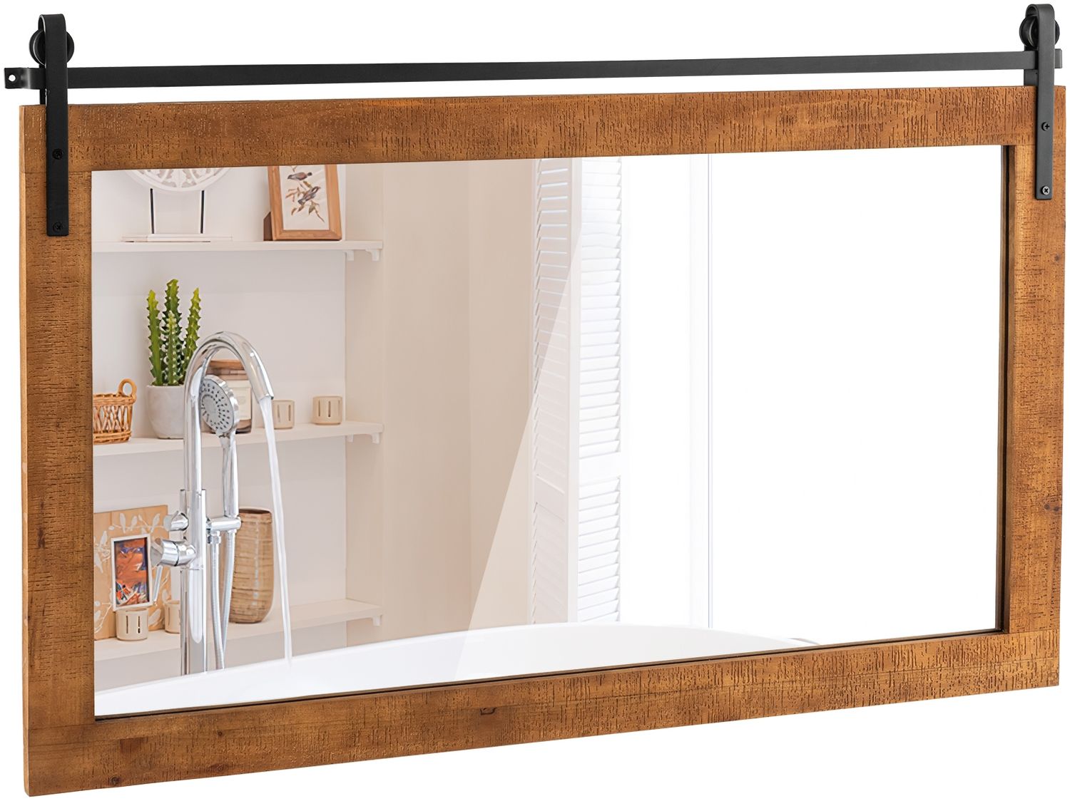 Rechteckiger Spiegel mit Holzrahmen Rustikaler Wandspiegel Unbrechbarer Hängespiegel Braun Bild 1