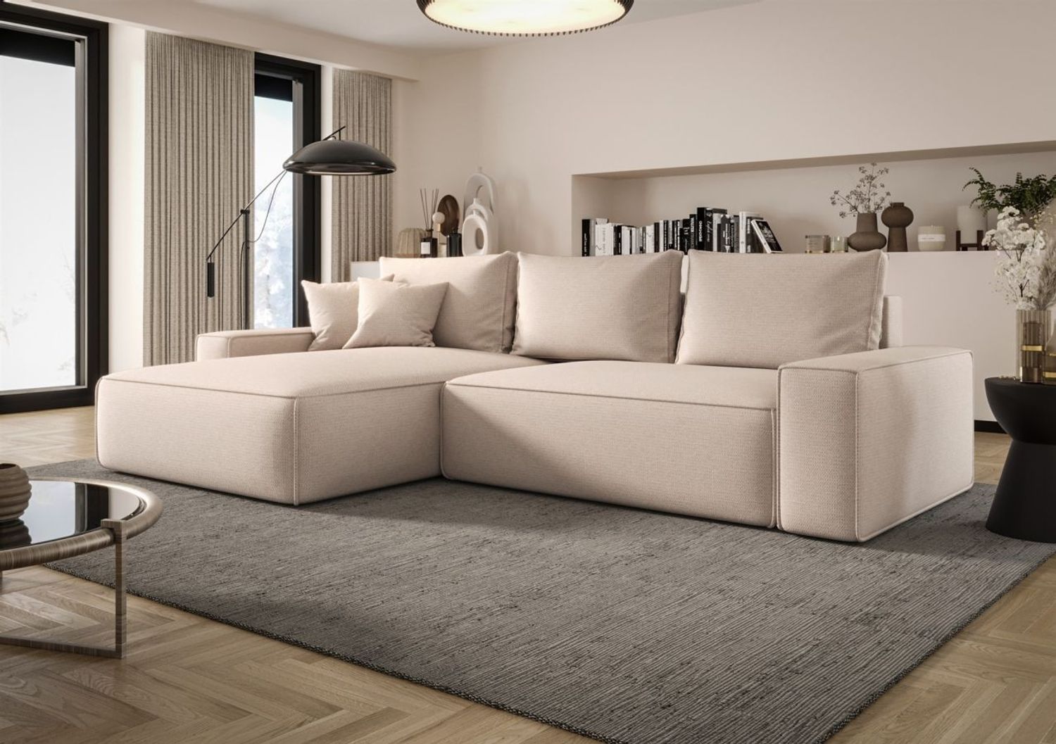 Ecksofa Schlafsofa Sofa WALKEN Stoff Aragon Creme Ottomane Links Bild 1