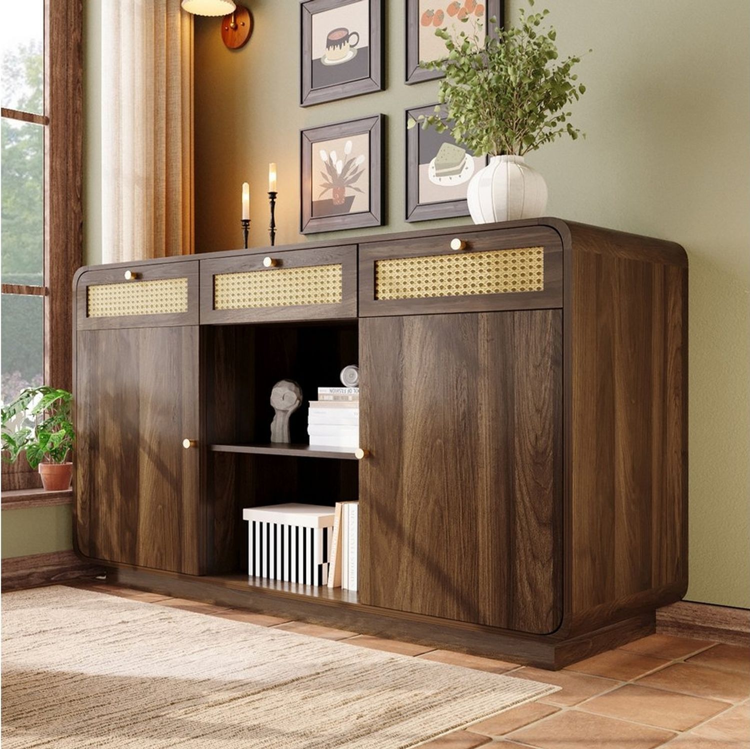 Flieks Kommode mit Rattan-Schubladen und verstellbaren Einlegeböden (1 St, H85/B120/T40 cm), Sideboard Mehrzweckschrank Holzschrank Nussbaumfarbe Bild 1