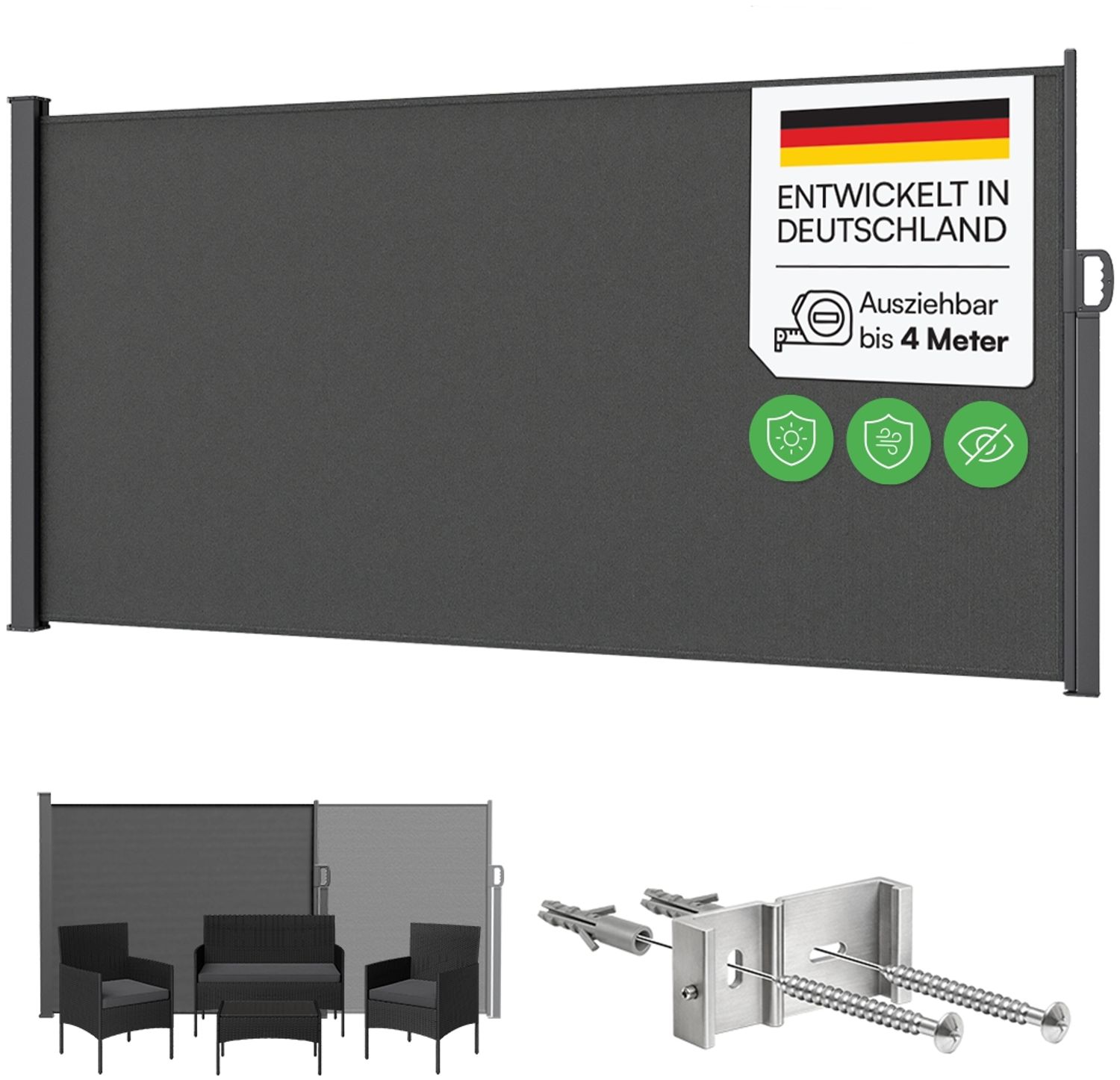 STEELSØN 'Zirella' Seitenmarkise mit Aluminium-Kassette, ausziehbar, 160x400 cm, anthrazit, Windschutz, wetterfest und blickdicht Bild 1