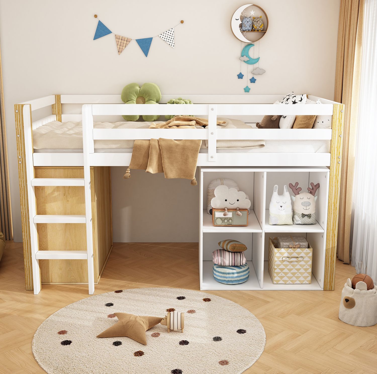 Kinderhochbett aus Massivholz + MDF mit 2 Aufbewahrungsschränken und Leiter, 90x200 cm, Natur/Weiß, ohne Matratze Bild 1