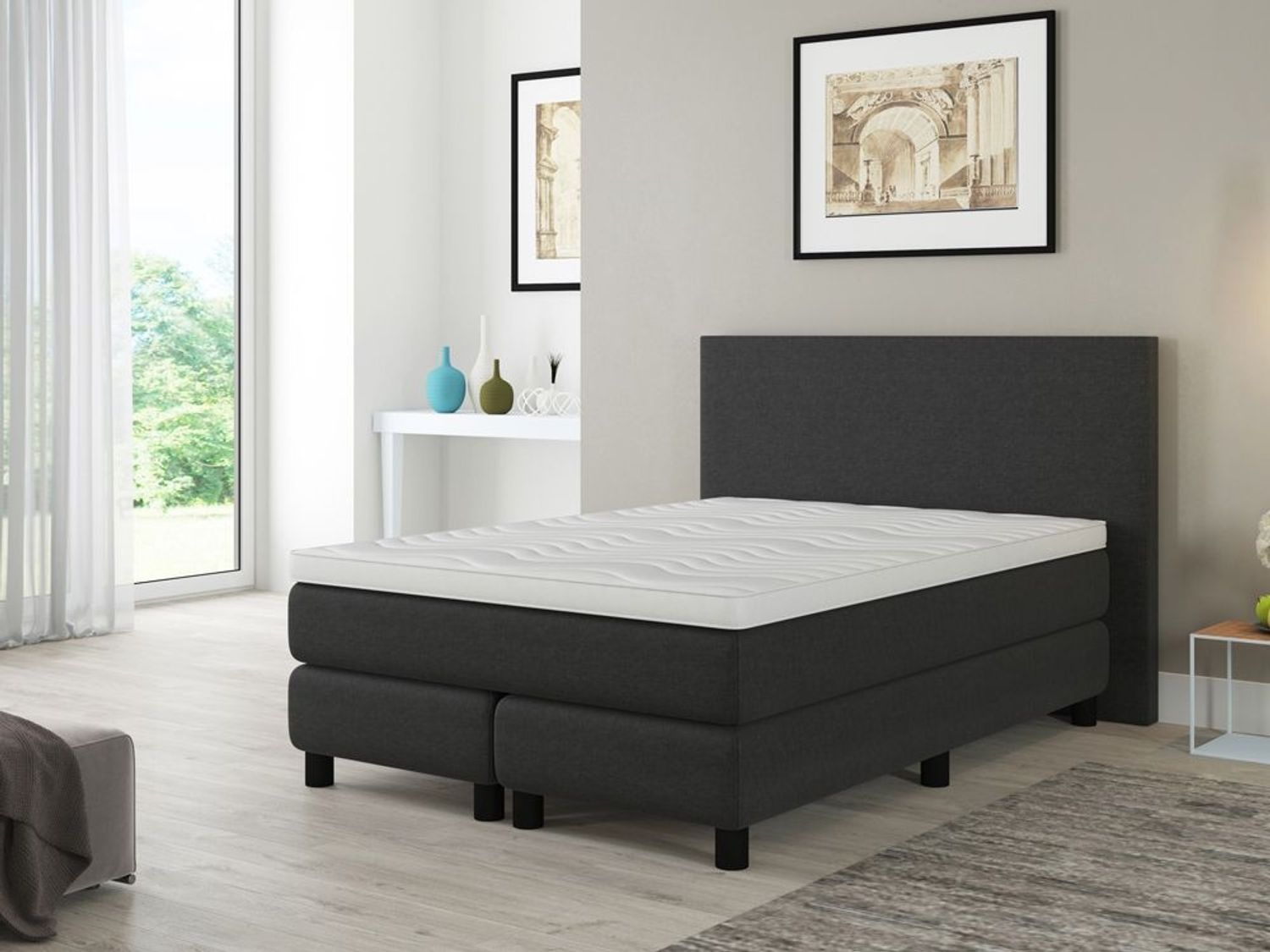 Boxspringbett Florenz. 140x200cm. Textilbezug weiss. Härtegrad 5. mit Topper Bild 1
