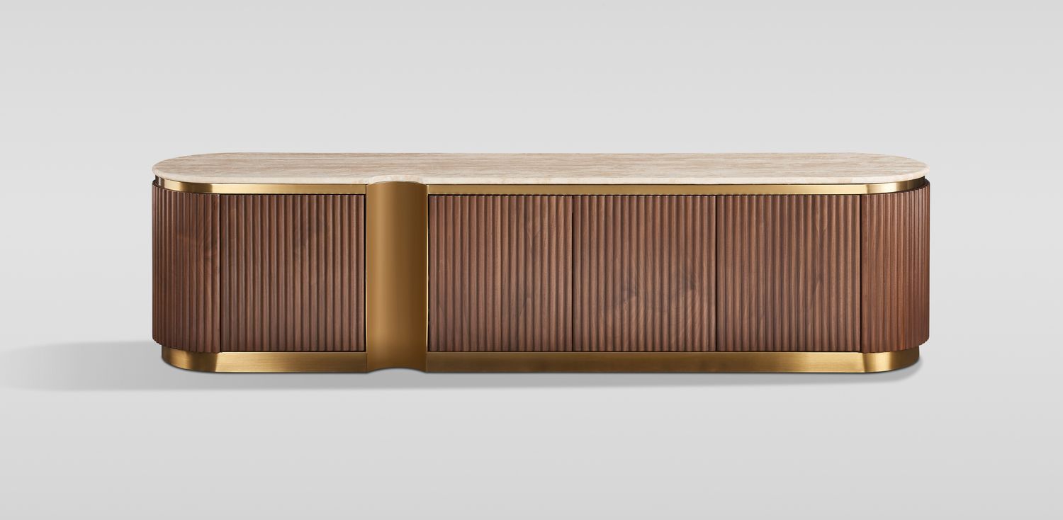 Livin Hill Stilig ST916D TV-Sideboard, MDF, Walnussfurnier, Travertin, Edelstahl, 50 x 40 x 200 cm Bild 1