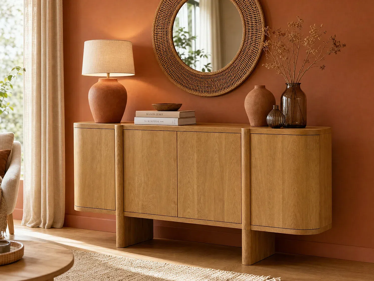 Vente-unique - MELYRAN Sideboard Holz, Platte Beige - B 40 cm x H 80 cm x L 160 cm Bild 1