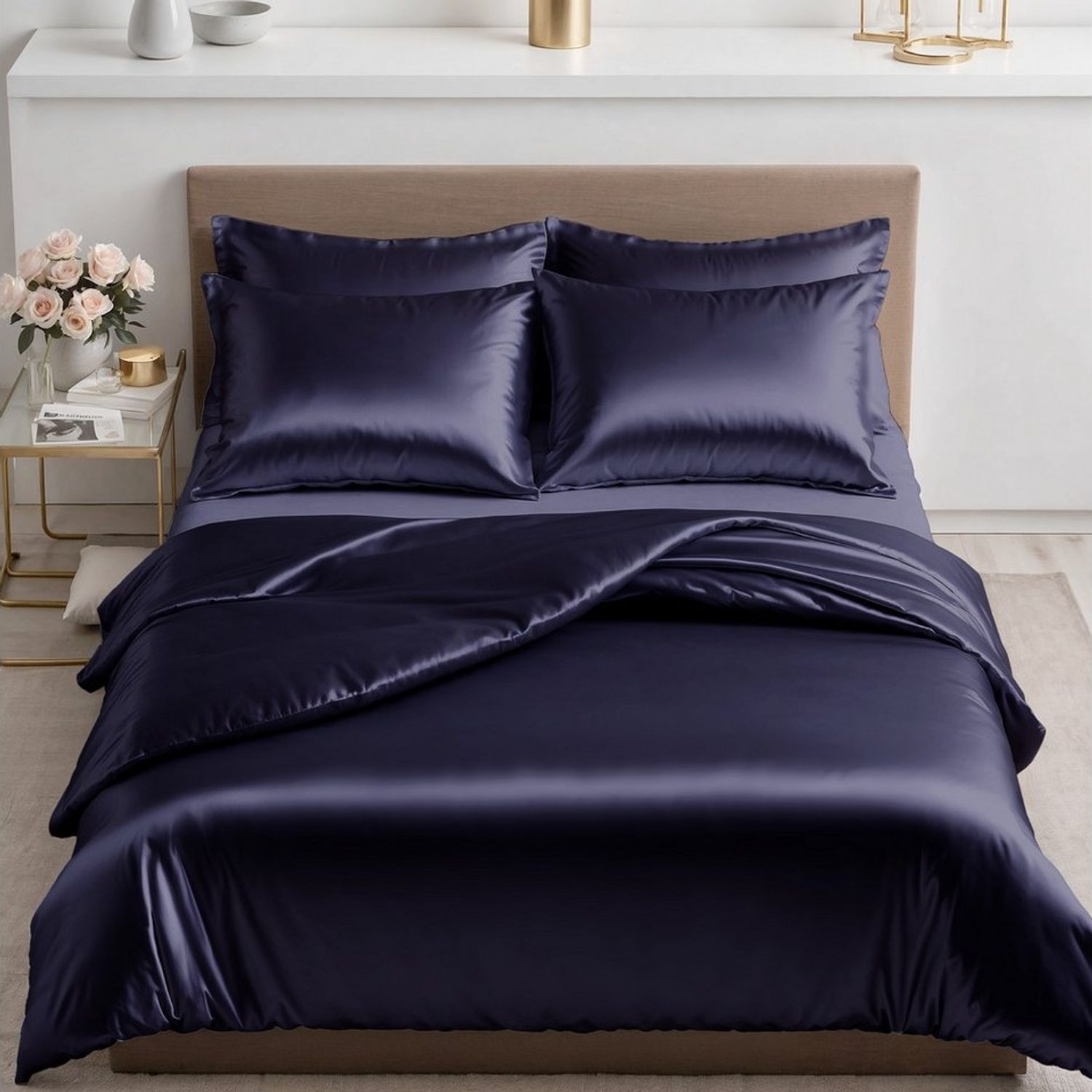 Cozyor Bettwäsche Satin glänzend 135x200, 155x200, 155x220, 200x200cm mit Reißverschluss, Satin, dunkelblau Ocean, 3 teilig, glänzend Satin, Bettbezug + Kissenbezug 80x80, besonders weich Bild 1