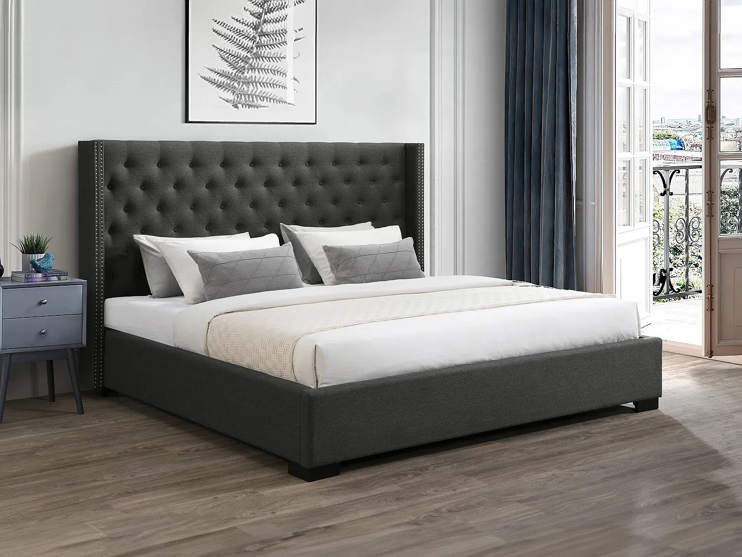 Vente-unique - MASSIMO Bett Stoff Grau - B 215,5 cm x H 141,5 cm x L 223,5 cm Bild 1