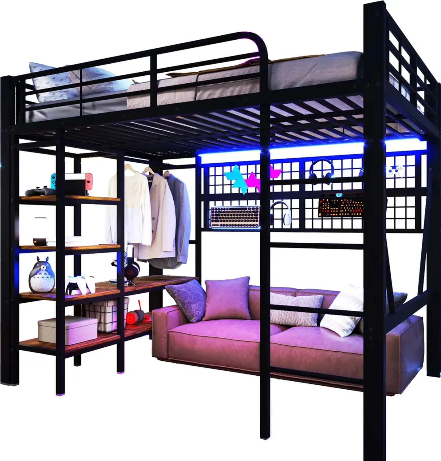 Hochbett mit Regal, LED-Beleuchtung, Kleiderstange, Wandgitter, Leiter, Rausfallschutz, 140x200cm, Kinderbett, Metallbett Bild 1