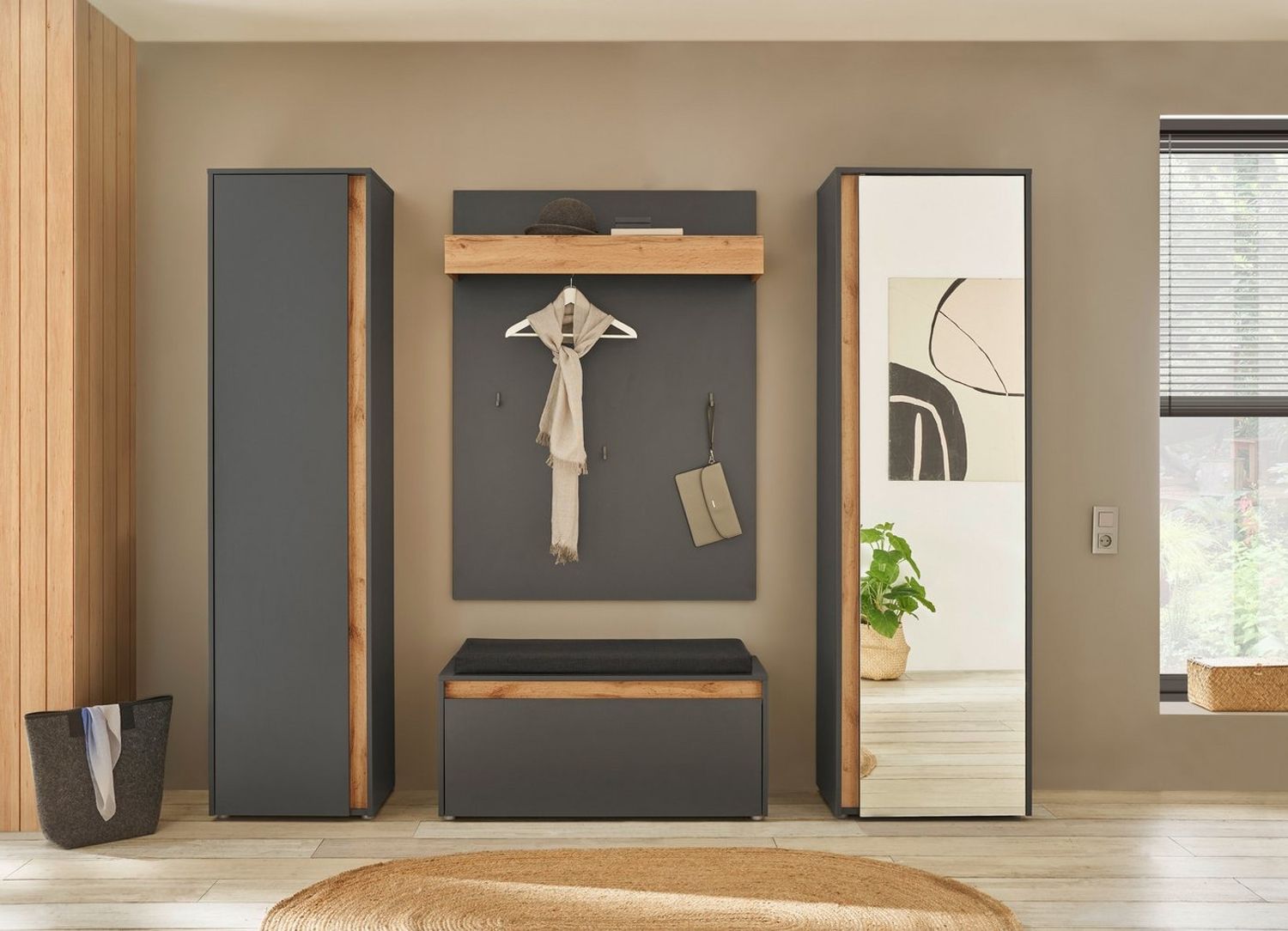 Home affaire Garderoben-Set GIRON/CiTY, moderne Garderobe, Komplettset mit viel Stauraum, (Komplett-Set, 4-St), enthält Garderobenschränke, Paneel & Schuhbank +Sitzkissen Bild 1