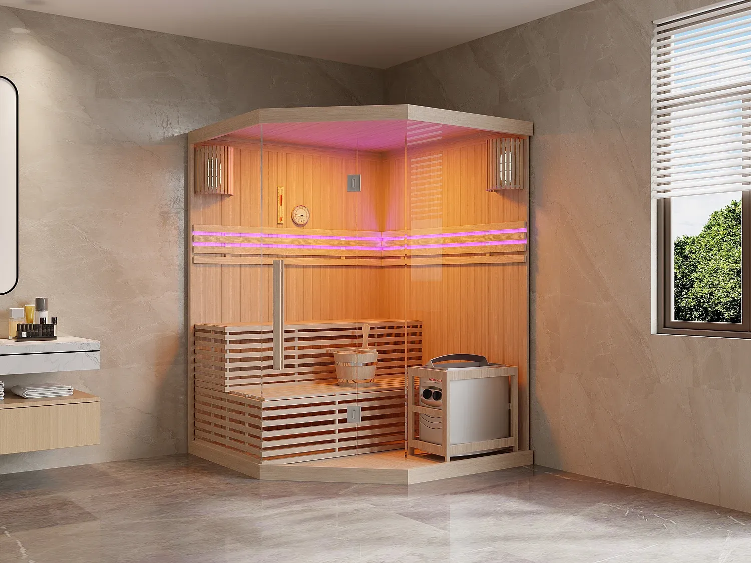 Vente-unique - KALSOY Sauna Holz, Platte Beige - B 150 cm x H 200 cm x L 150 cm Bild 1