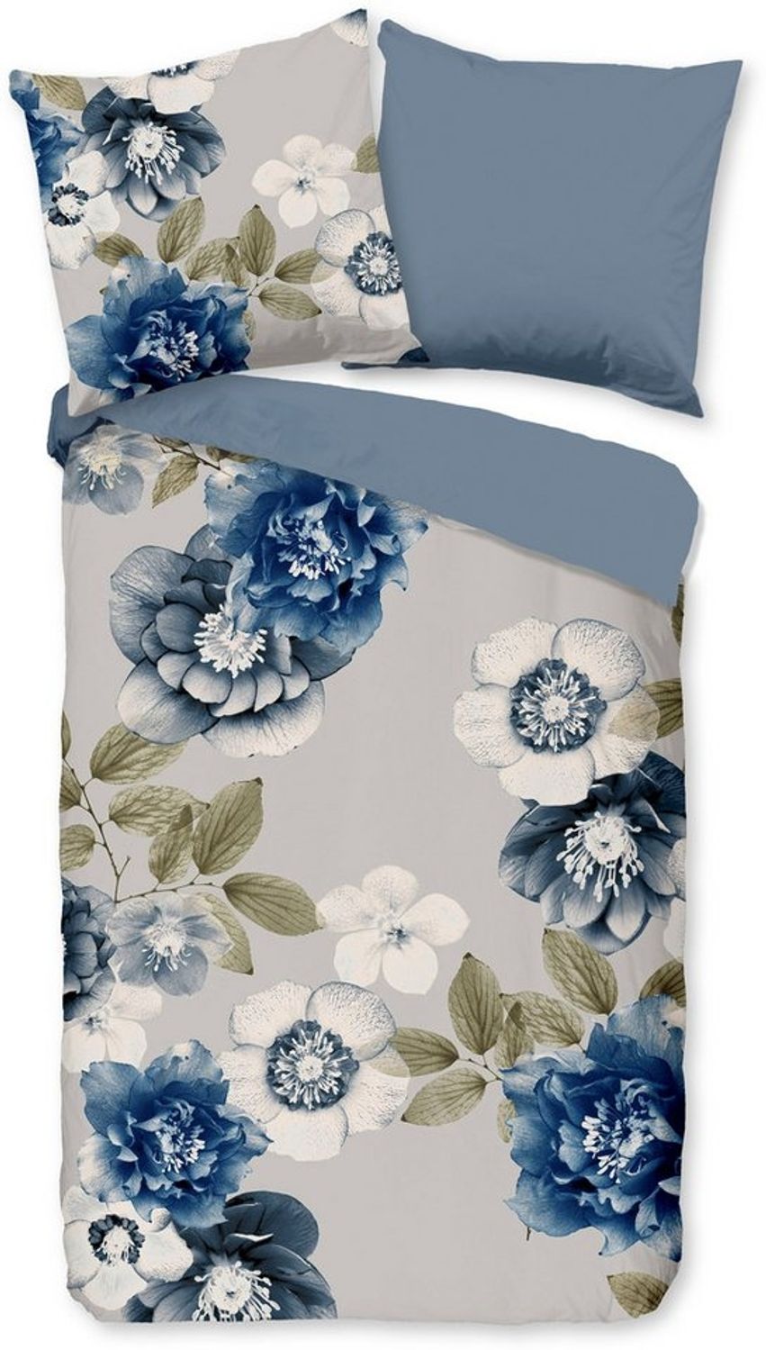good morning Wendebettwäsche Gabin, Biber, Flanell, 3 teilig, Flanell, Biber, Winter, Warm, Reißverschluss, Wende, Blumen, Grau Blau Bild 1