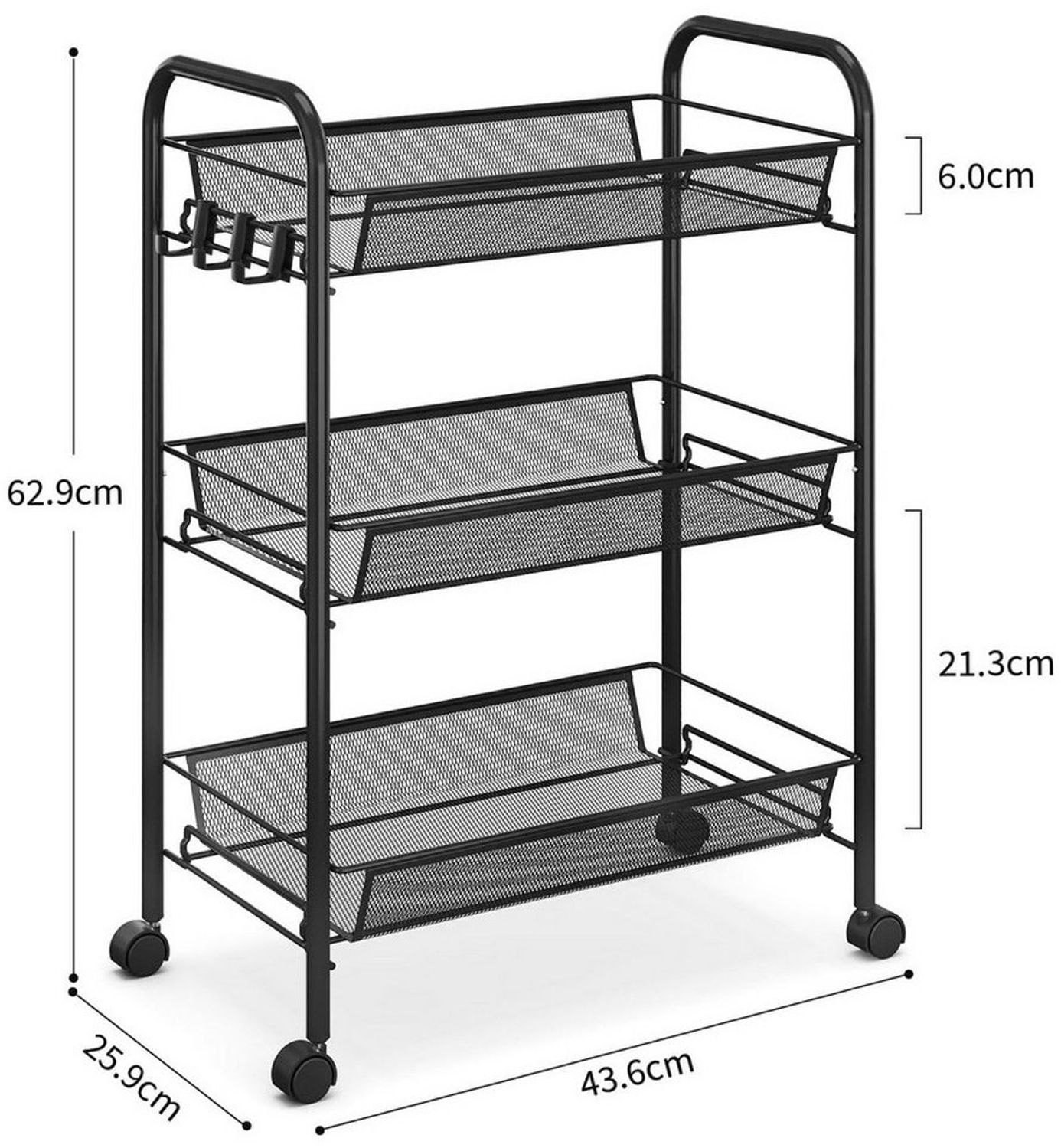 SURFOU Küchenwagen 3-stöckiger Trolley Rollwagen Küchenwagen Metallwagen auf Rollen, Netzkorb mit Aufhängehaken Für Schlafzimmer, Küche, Bad, Wohnzimmer Bild 1