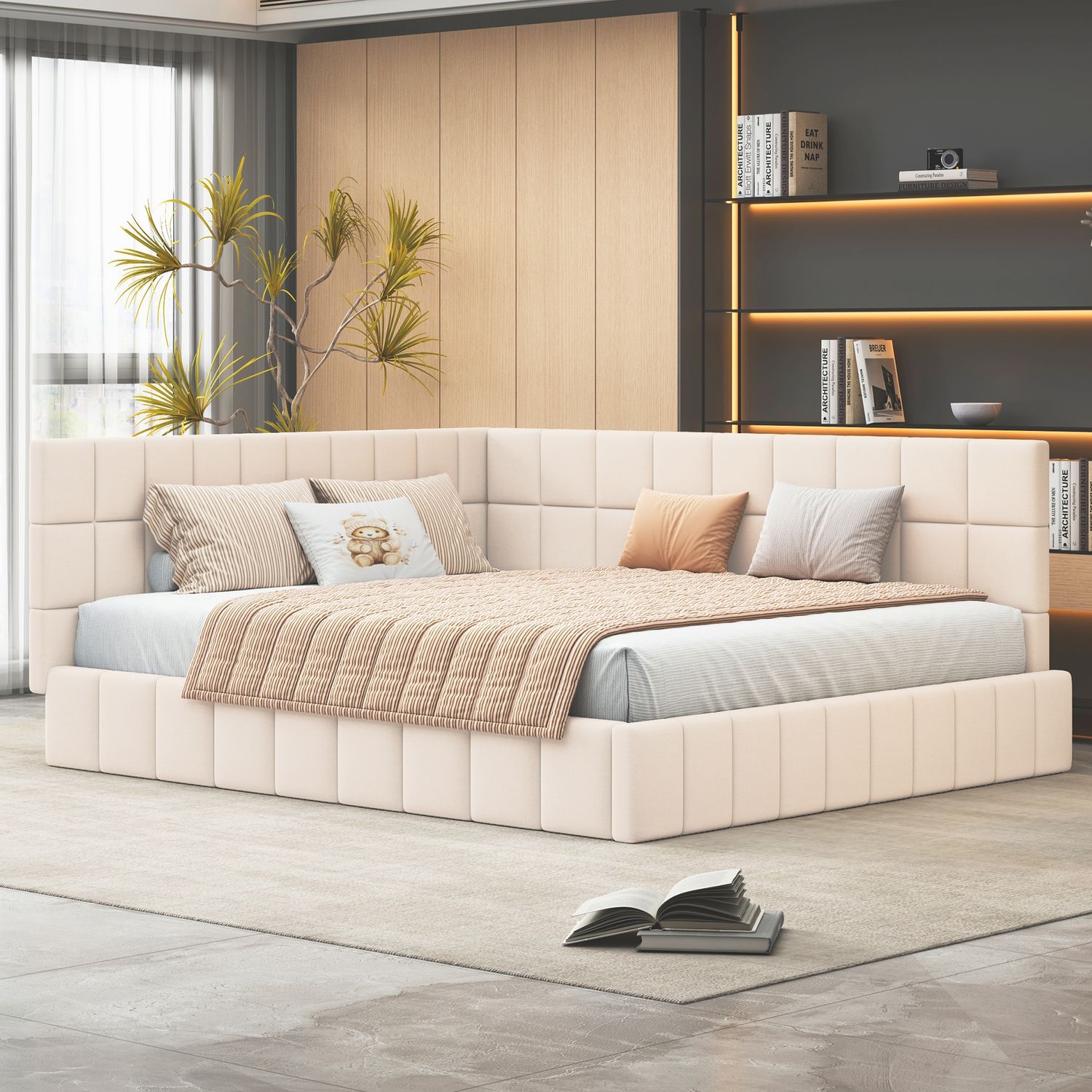 Merax Polsterbett Schlafsofa 160*200 Multifunktionsbett mit Lattenrost aus hautsympathischem Samtstoff Beige Bild 1