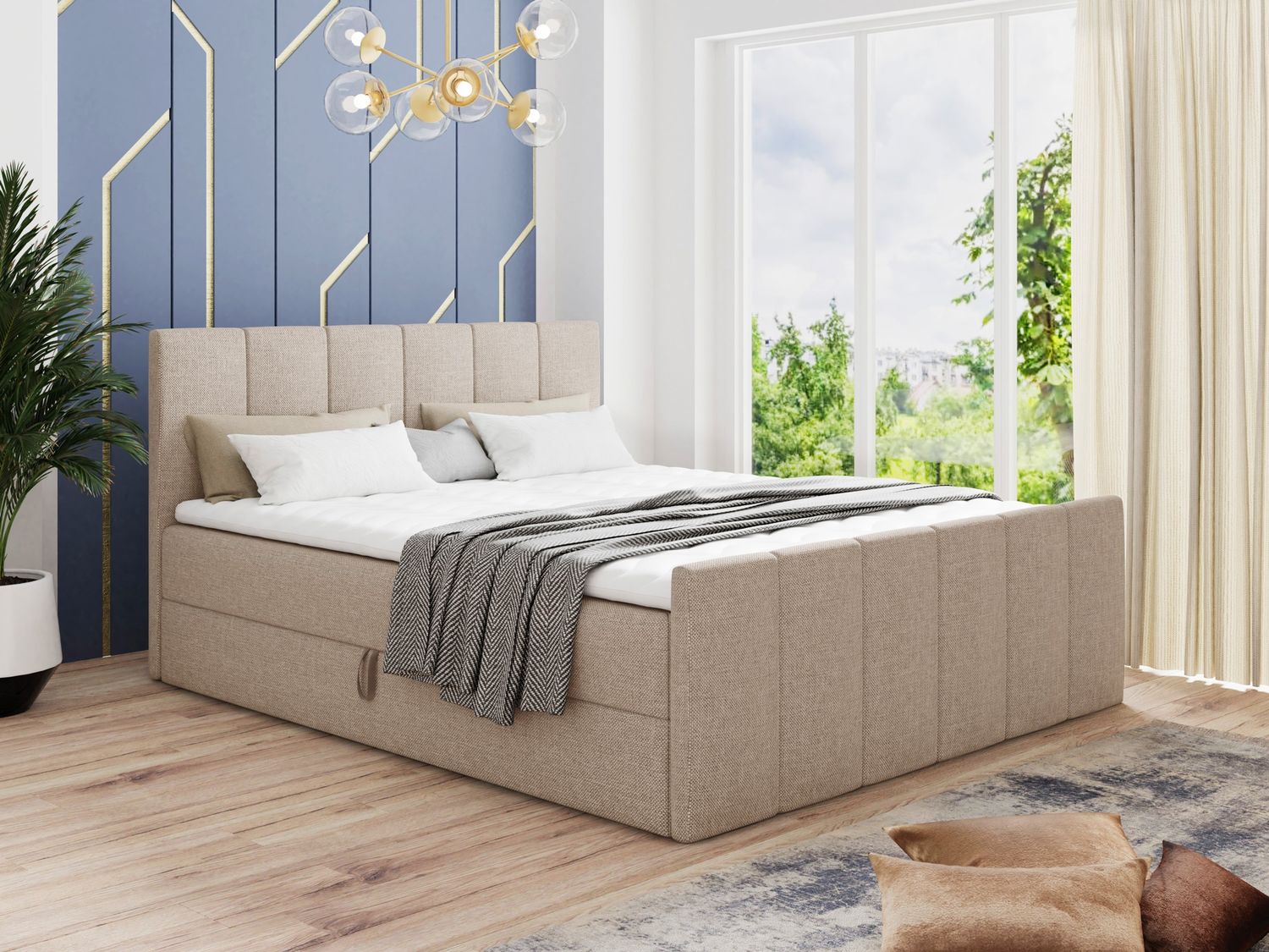 Boxspringbett Star Lux mit Fußteil, 2 Bettkästen und Matratzentopper - Doppelbett mit Topper, Bonell-Matratze, Polsterbett, Bett (Beige (Inari 22), 140 x 200 cm) Bild 1