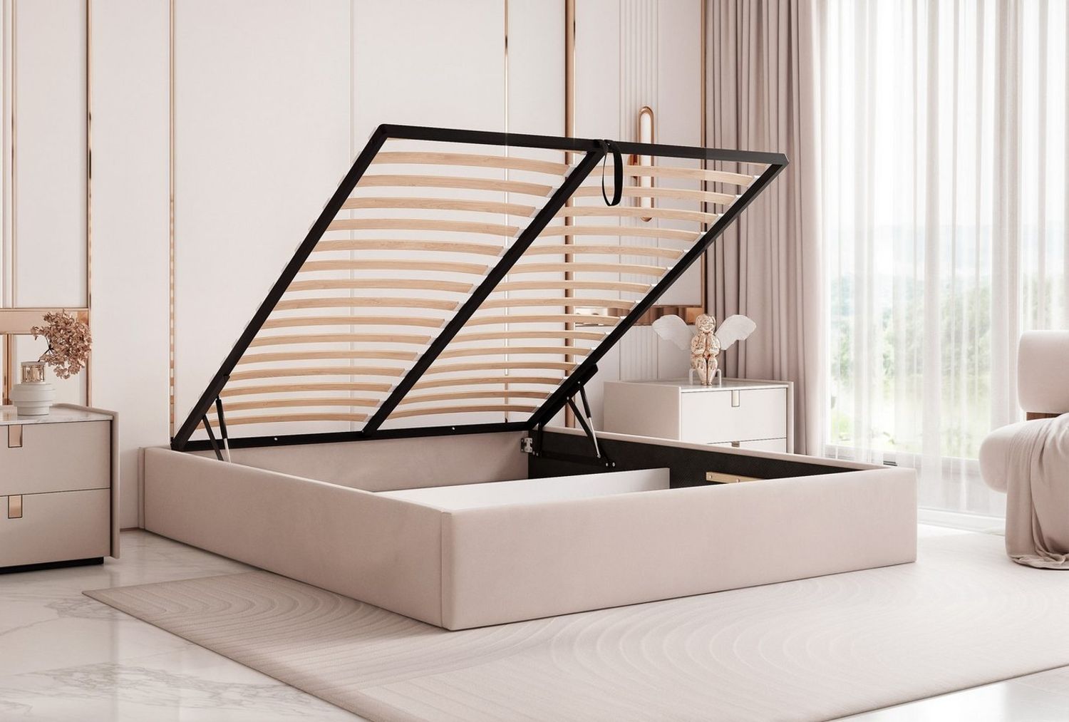 Goldstoff Polsterbett Modernes Bett "MODENA" ohne Kopfteil mit Stauraum & gepolsterte Rahmen (120–200x200 cm), Schlafbett mit großzügigem Stauraum und modern gepolstertem Design Bild 1