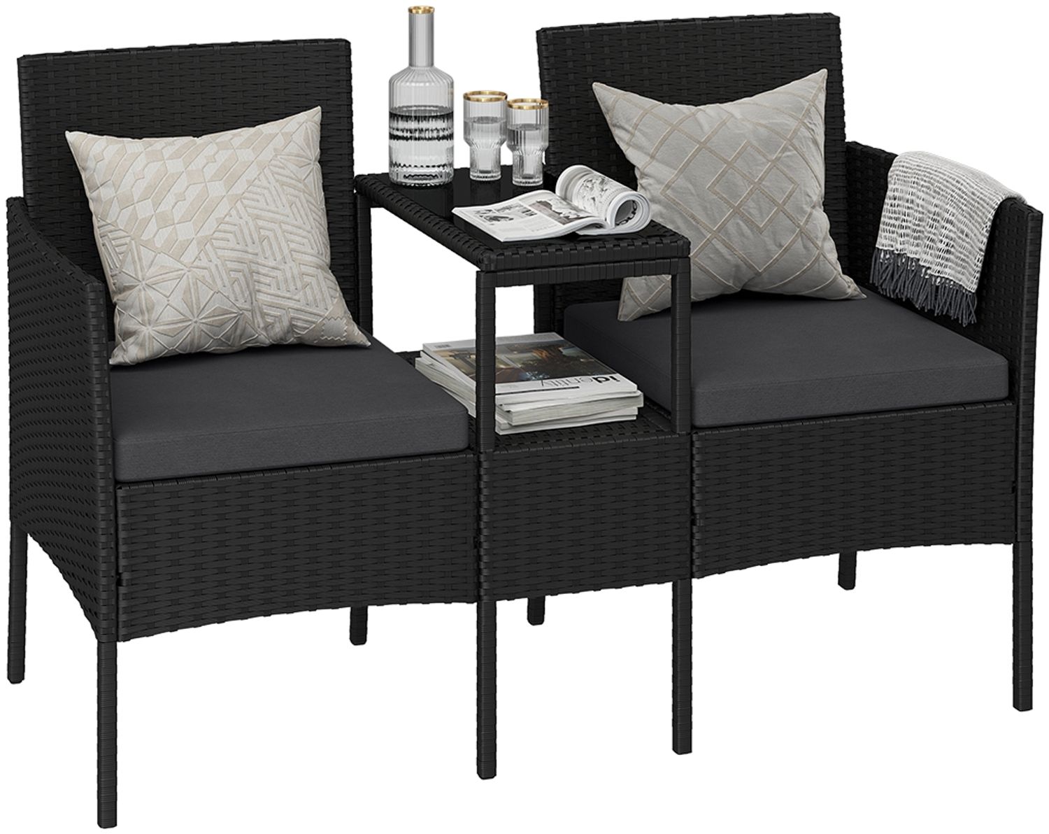 STEELSØN 'Velara' Polyrattan Gartenbank 2er-Sitzer mit Tisch, schwarz/anthrazit, 81x65x135 cm, wetterfest und UV-beständig, stabile Sitzbank Bild 1