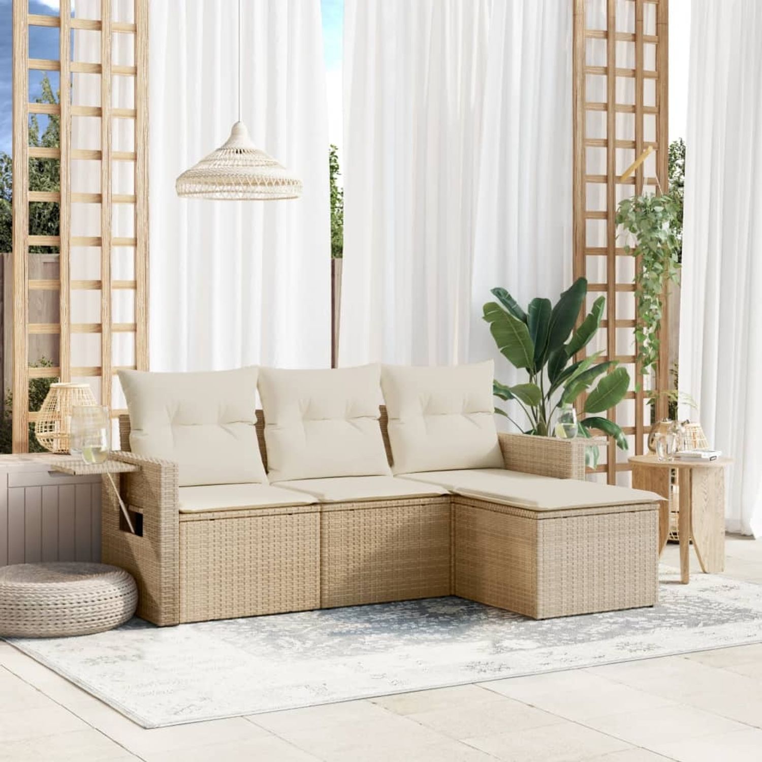 vidaXL 4-tlg. Garten-Sofagarnitur mit Kissen Beige Poly Rattan 3252405 Bild 1