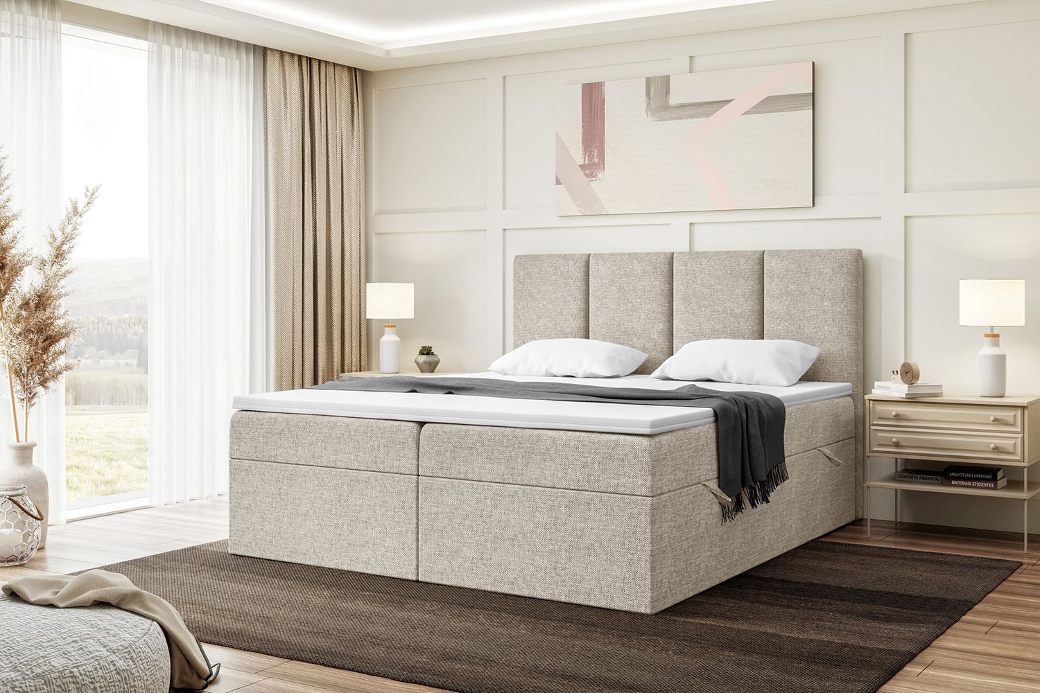 MEBLINI Boxspringbett CRISTIANO 160x220 cm mit Bettkasten - H4/Beige Webstoff Polsterbett - Doppelbett mit Topper & Taschenfederkern-Matratze Bild 1