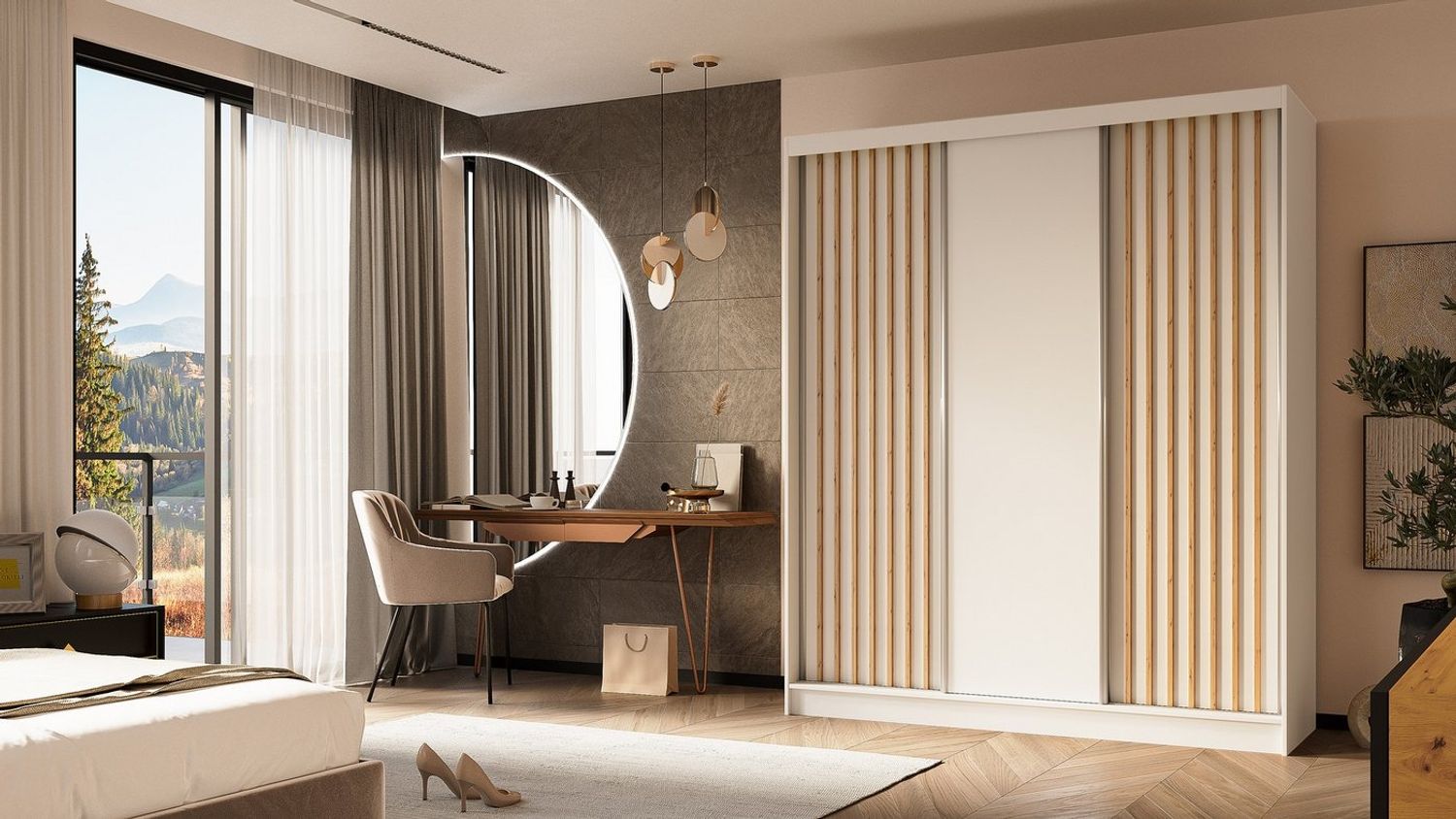 ALTDECOR Schiebetürenschrank LABELLO (Kleiderschrank Garderobenschrank mit viel Stauraum Moderner Schrank) Vielseitiger Schwebetürenschrank Lamellen LED Beleuchtung Bild 1