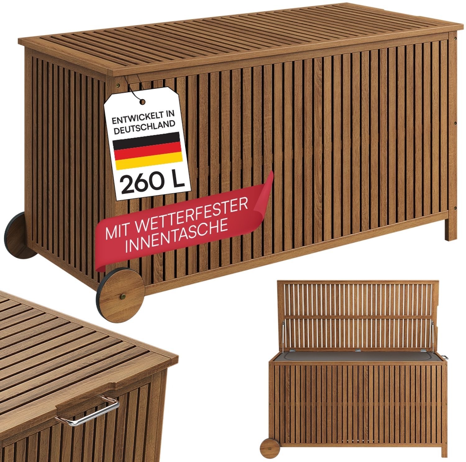 STEELSØN 'Alkes' Aufbewahrungsbox 260 Liter mit Rad, Gartenbox aus massivem Akazienholz, wetterfest, Auflagenbox mit hochwertiger Innentasche Bild 1