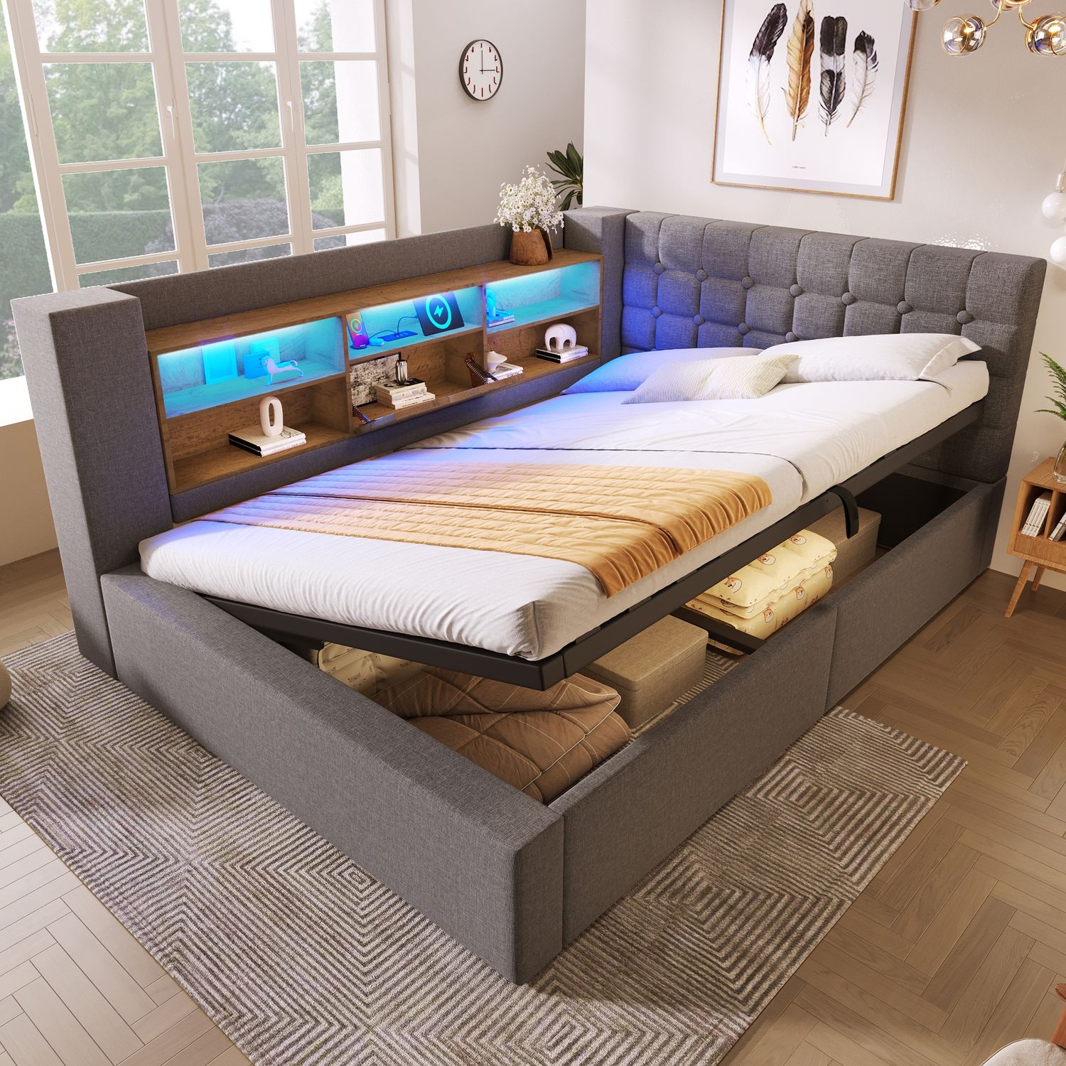 Merax Polsterbett 140x200 cm Doppelbett mit LED-Beleuchtung, hydraulischem Stauraum, L-förmigem Kopfteil mit Stauraum, beidseitig montierbar, Leinen, Grau (Ohne Matratze) Bild 1