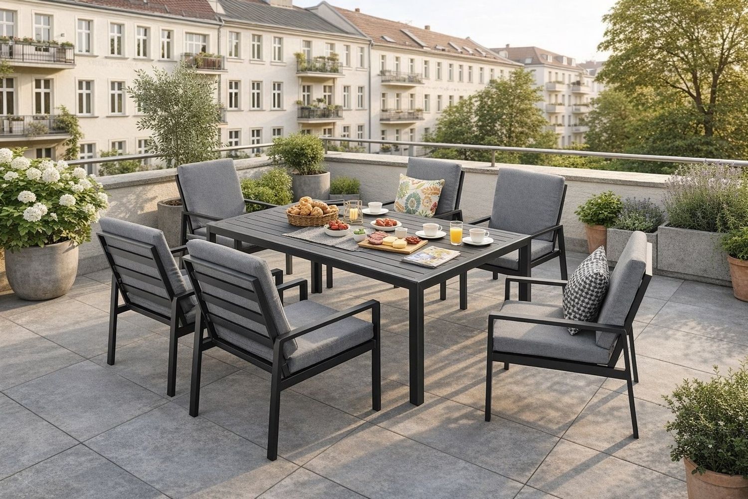 MeXo Gartenlounge-Set Lounge Gartenmöbelset Aluminium Wetterfest, (Garten Essgruppe für 6 Personen, 7-tlg, 6 Sessel, Esstisch 140x80x70 cm), 85 cm Rückenlehne, hoher Sitzkomfort Bild 1