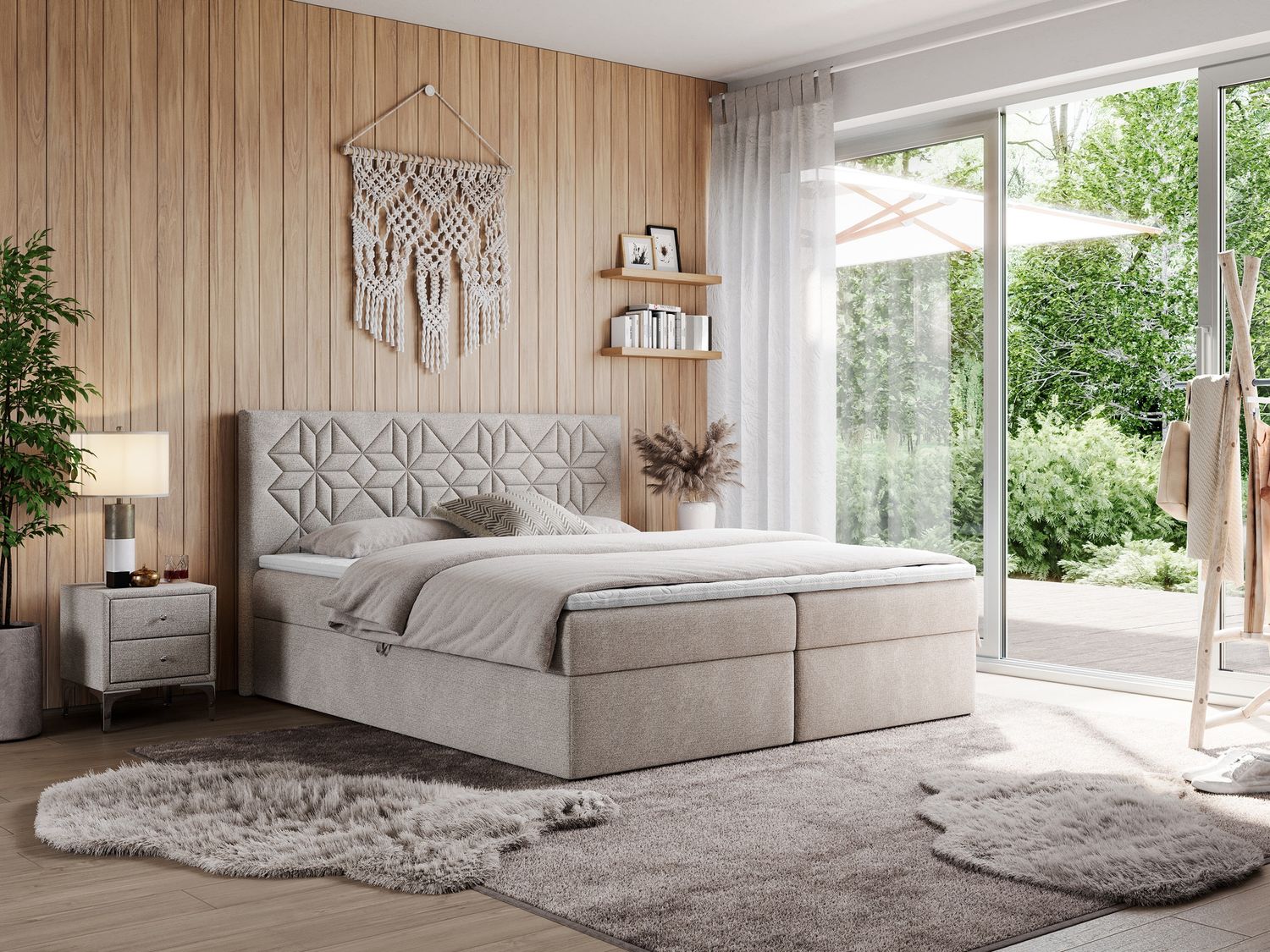 Boxspringbett, Doppelbett mit Multipocket-Matratzen und Topper, dekoratives Kopfteil - LEILA - 200 x 200 cm - Beige Stoff - H4 Bild 1