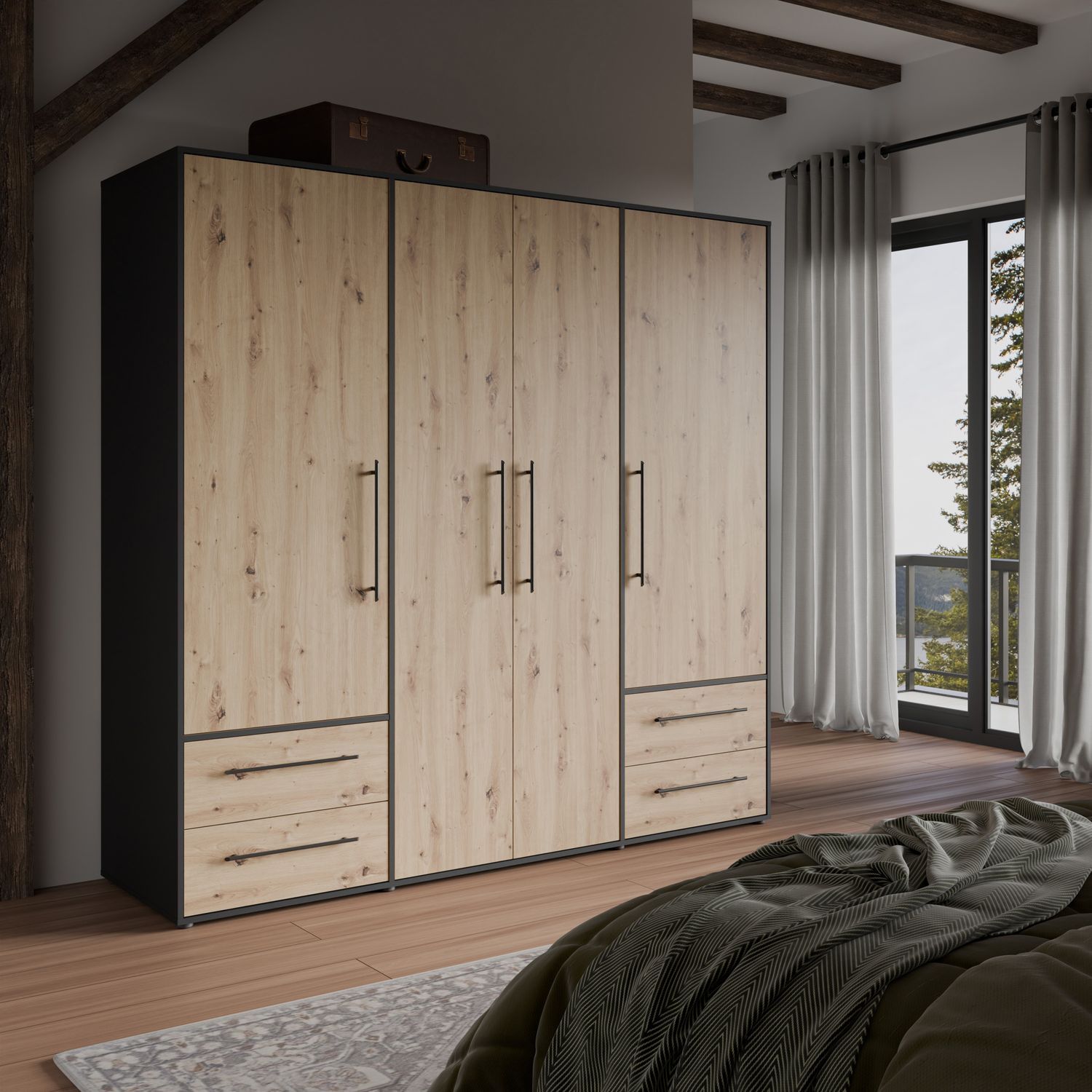 Forte MOKKARIS Kleiderschrank 200 210, moderner Drehtürenschrank, 4-türig, 4 Schubladen, Holzwerkstoff, Artisan Eiche Holzdekor mit Schwarz, 205,9 cm breit x 200,1 cm hoch x 58,8 cm tief Bild 1