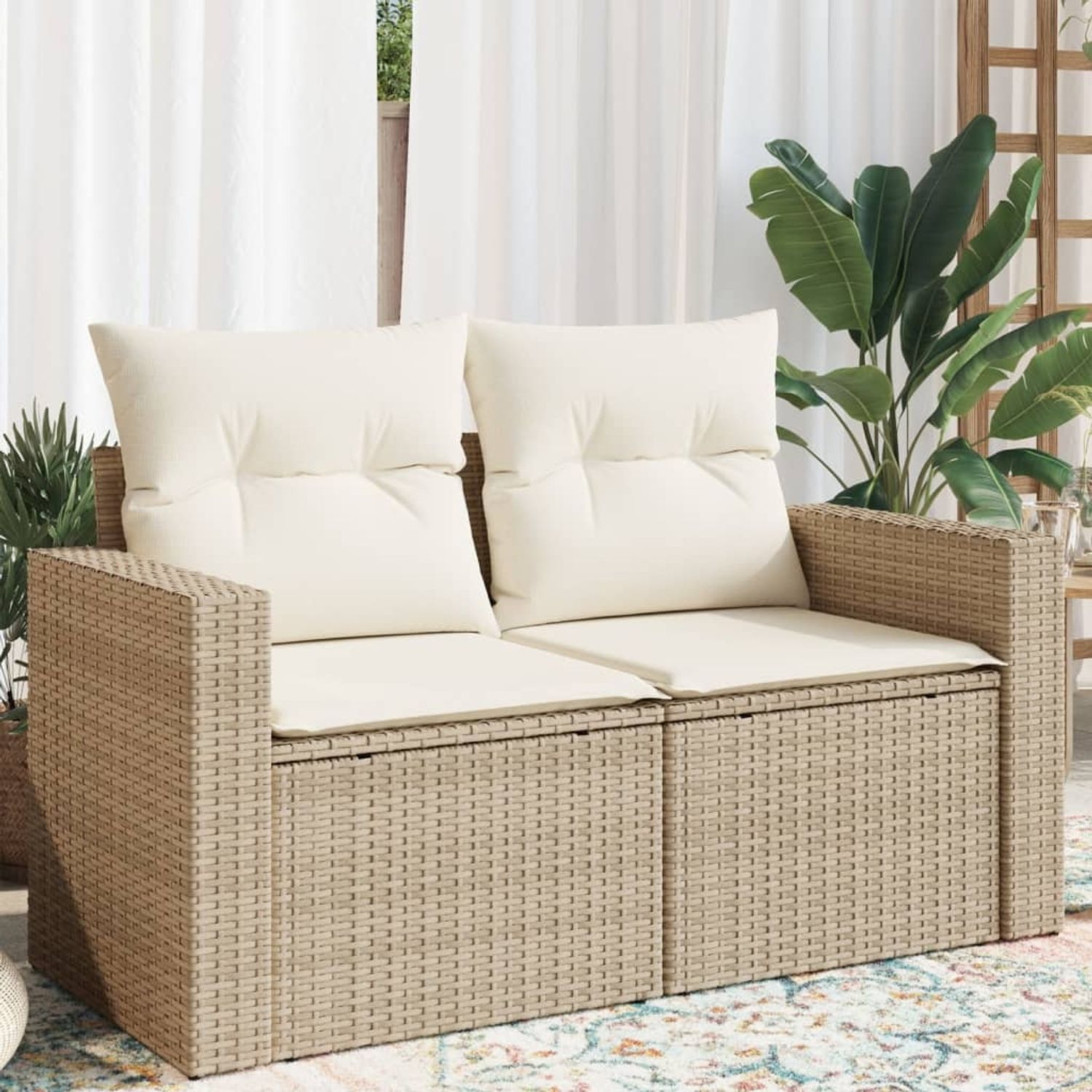 vidaXL Gartensofa mit Kissen 2-Sitzer Beige Poly Rattan 366060 Bild 1