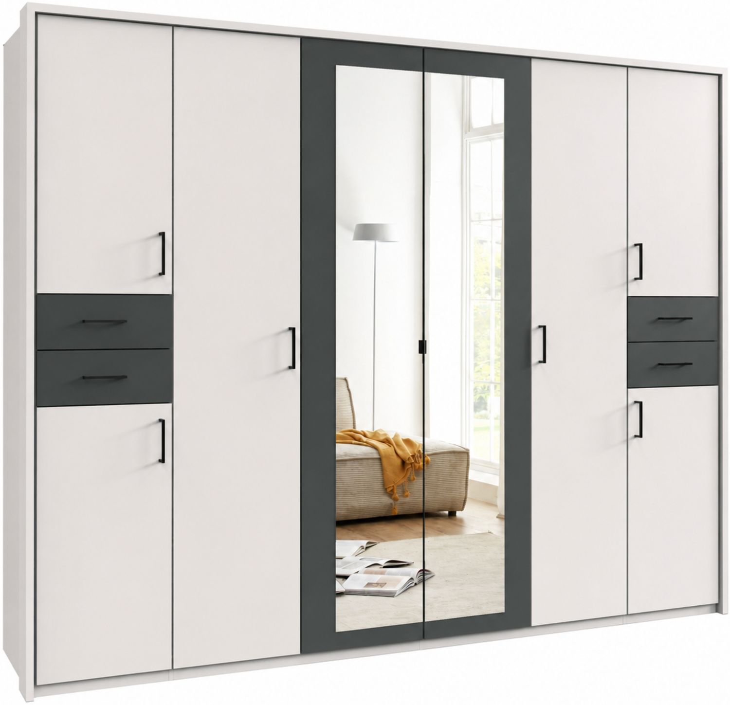 Drehtürenschrank Kleiderschrank 273cm Passepartout Spiegel Weiß, Griffe schwarz Bild 1