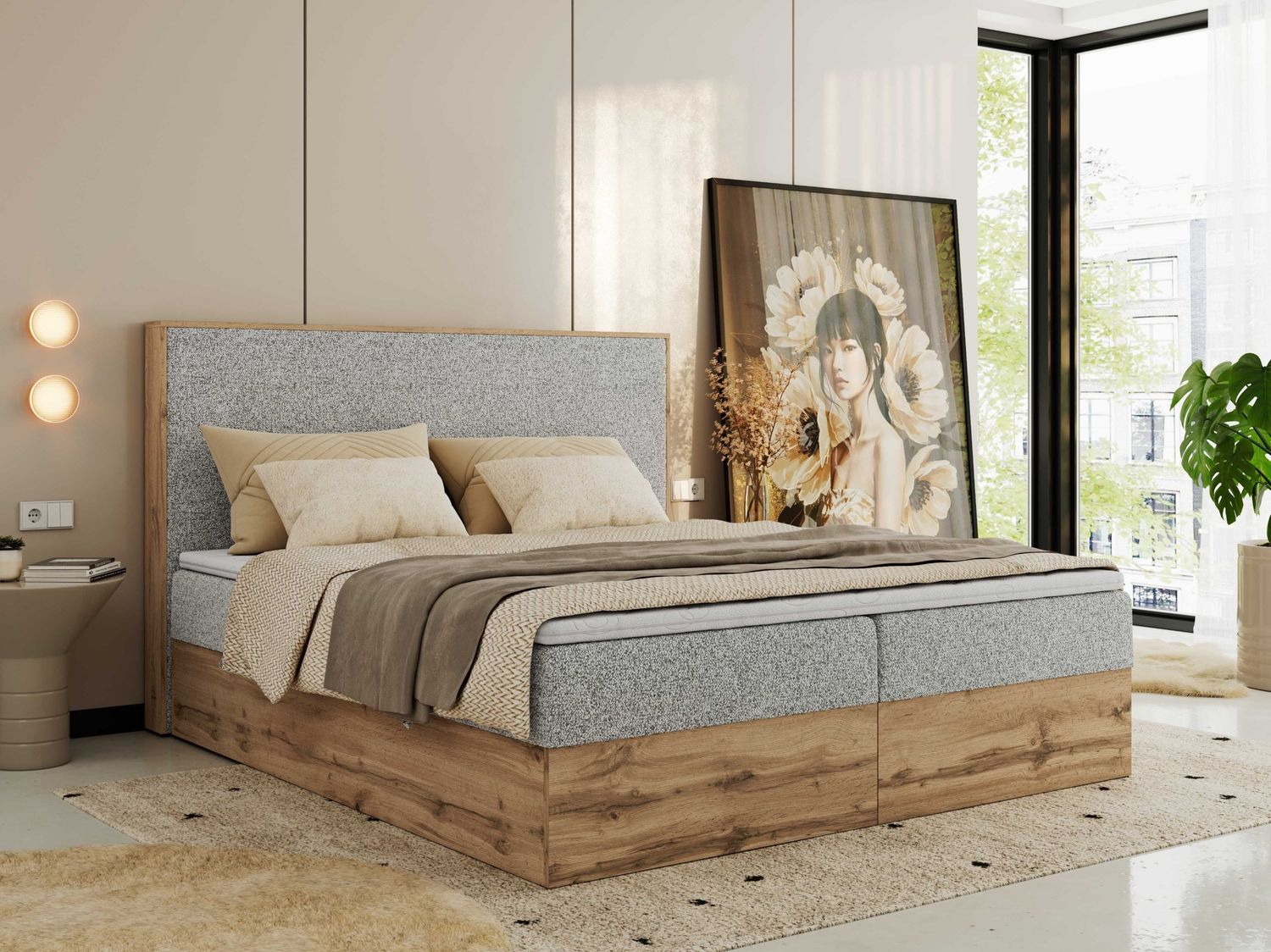 Doppelbett, Boxspringbett mit Bettkästen, Multipocket-Matratze und Topper, Set mit Kopfteil, Eiche Wotan Holzrahmen - WOOD CLASSIC - 180 x 200 cm - Hellgrau Struktur - H3 Bild 1