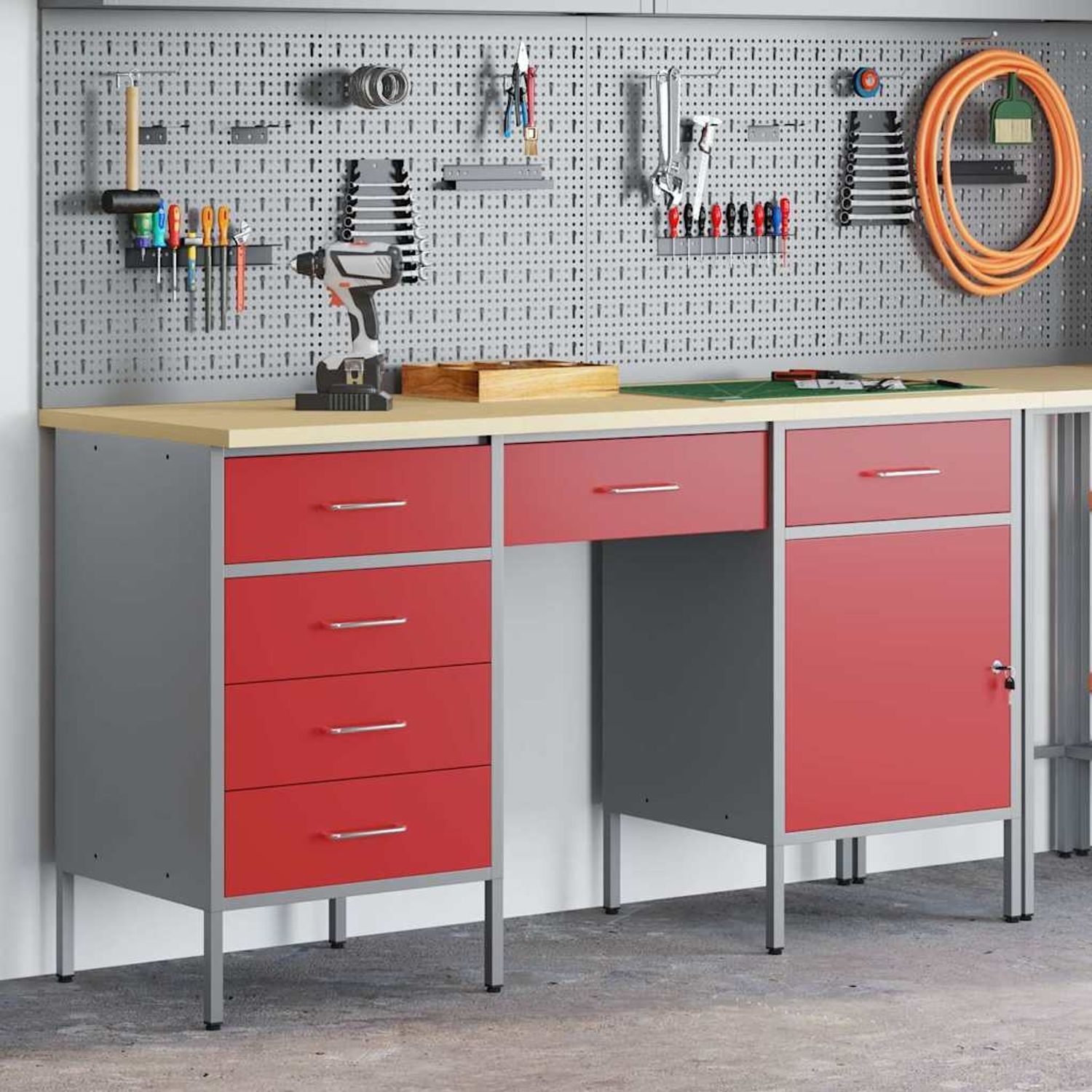 vidaXL Werkbank mit Schubladen 3 pcs Rot Ingenieure Holz und Stahl 3321379 Bild 1