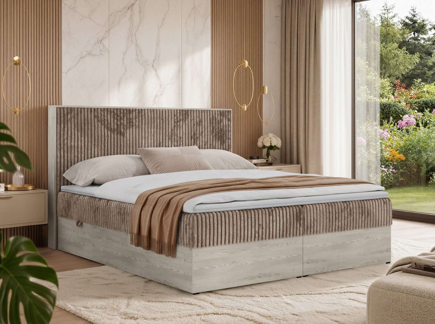 Boxspringbett NORDIC 140 x 200 cm, Doppelbett, Topper Visco, Multipocket-Matratzen H3, holz Optik, Bettkasten, Polsterbett - Braun Cord Bild 1