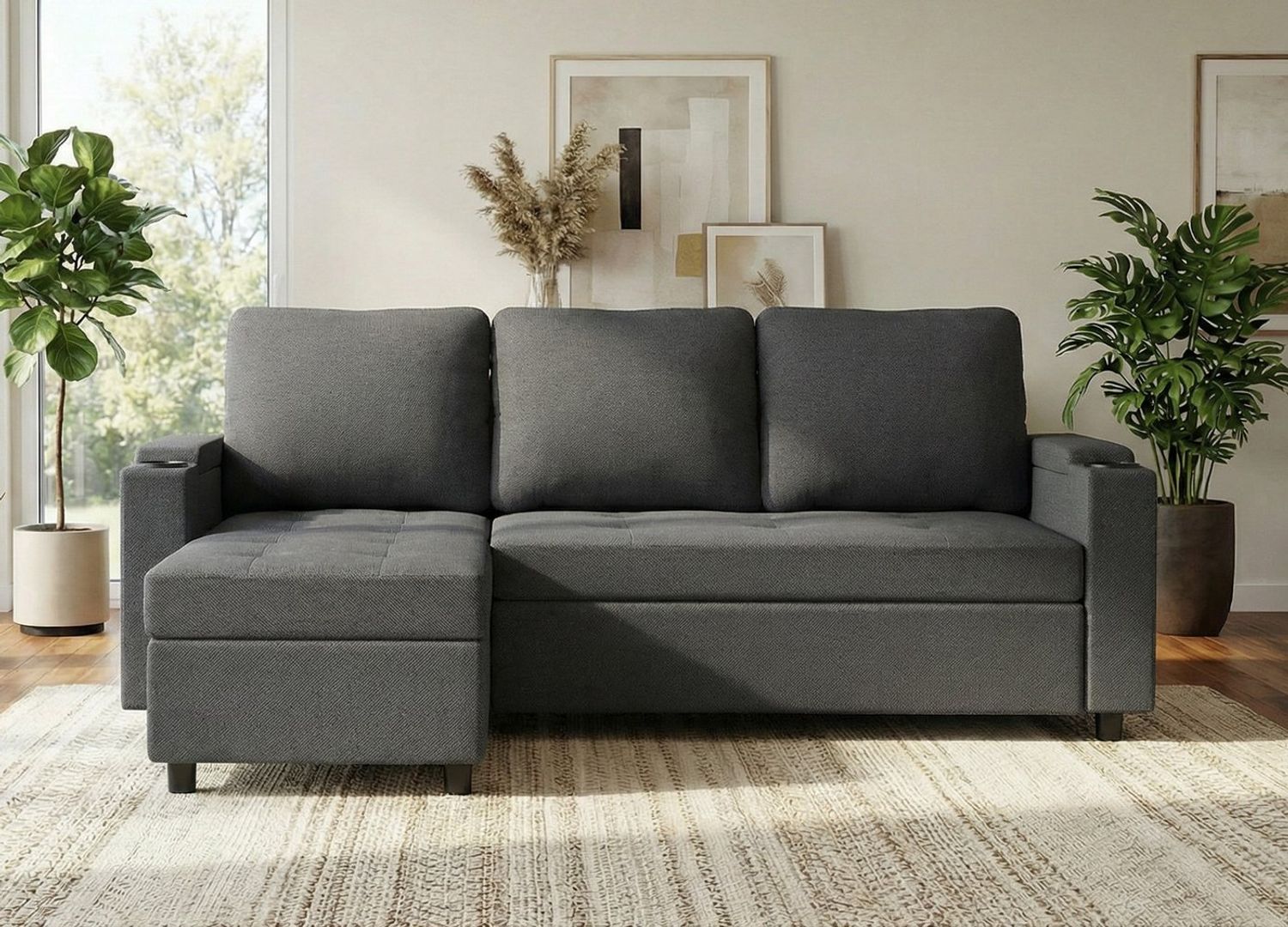 HOMALL Ecksofa Multifunktionales L-Form Schlafsofa, mit Stauraum, Gästebett-Funktion, wechselbarer Links-/Rechtsposition, Tassenhaltern & Seitentasche Bild 1