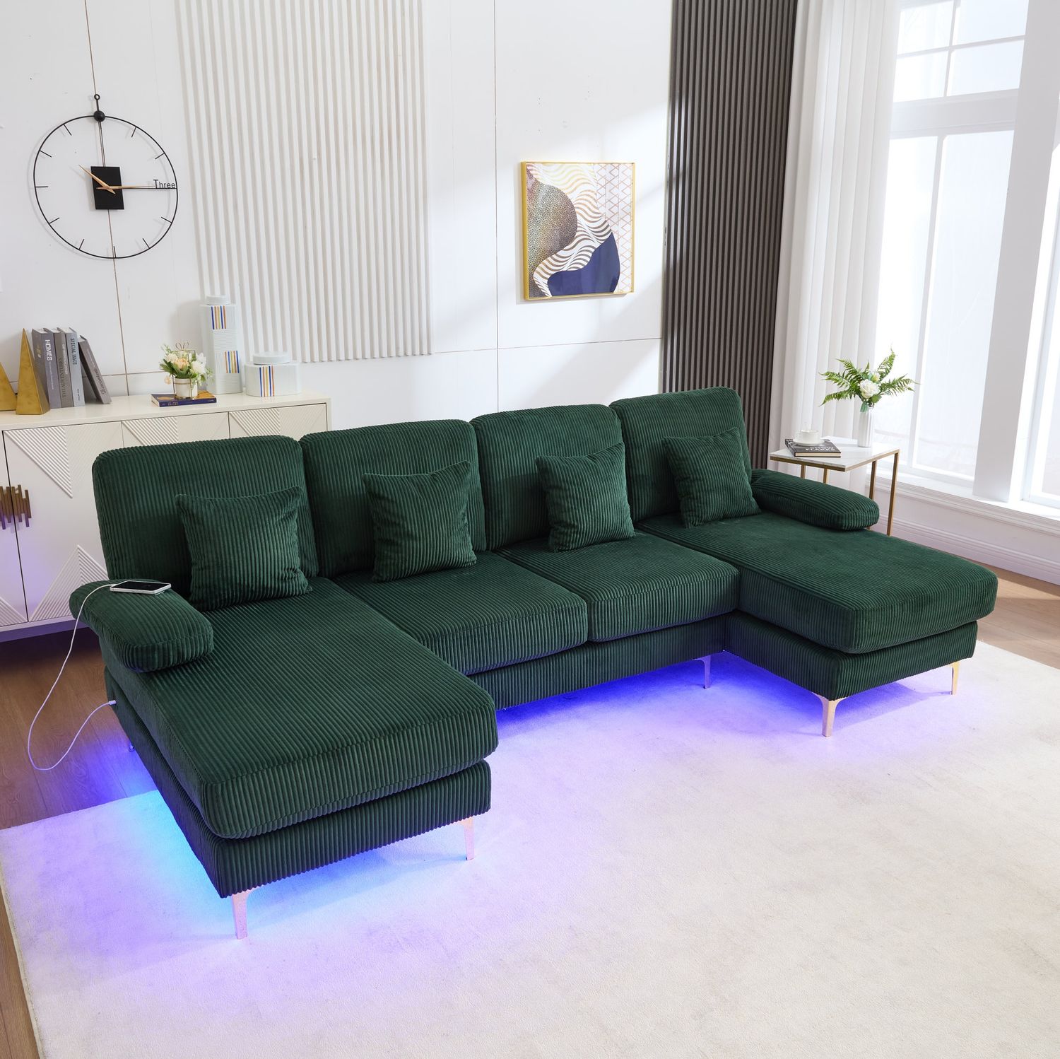 U-Sofa, Samt mit LED-Beleuchtung & USB-Anschluss, 265x135x88 cm, Smaragdgrün Bild 1