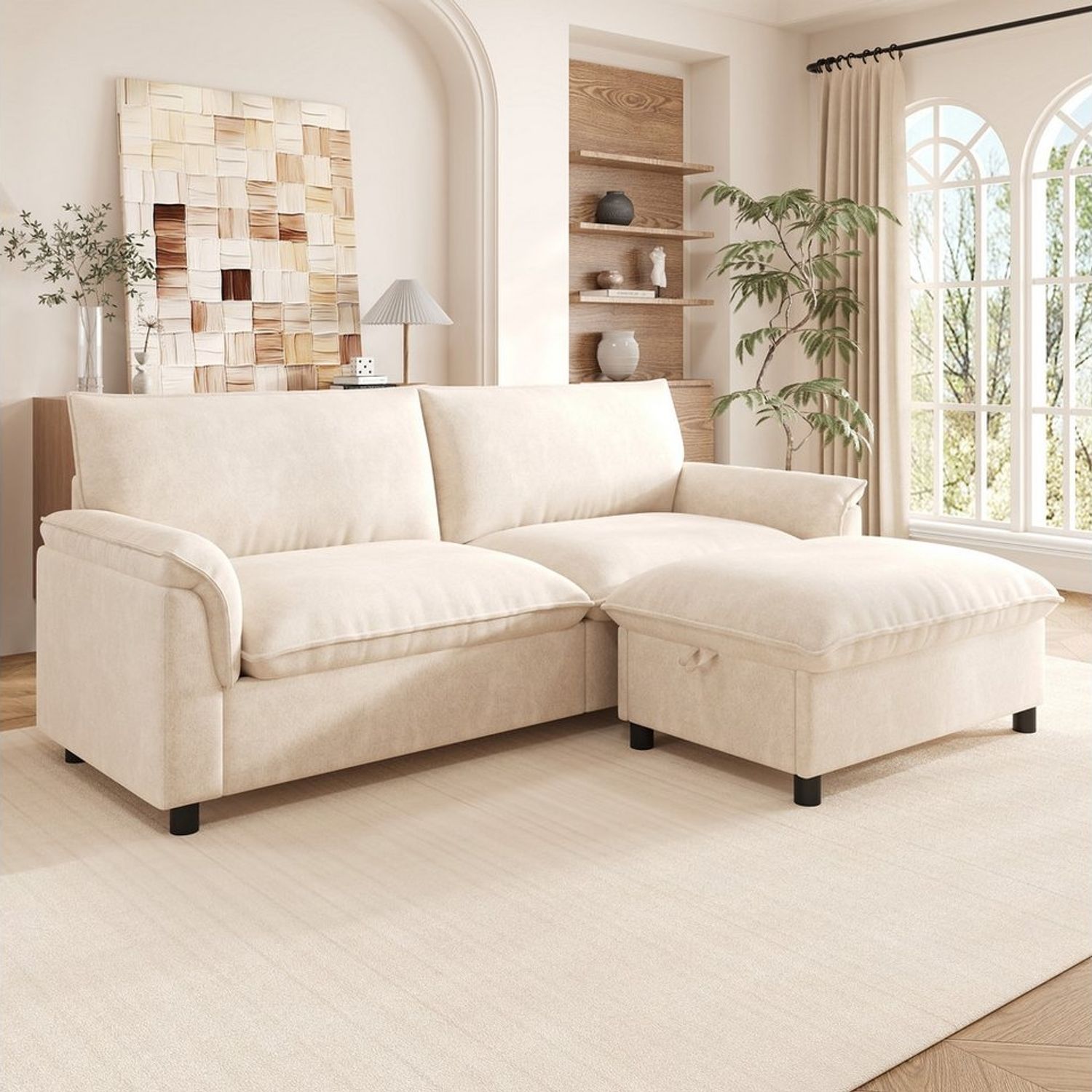 Merax Ecksofa Cloud Sofa 3-Sitzer mit Schlaffunktion, Stauraumhocker, 1 Teile, Modulares Chenille Soffa, Deep Seat Wohnzimmersofa Groß, Couch Bild 1