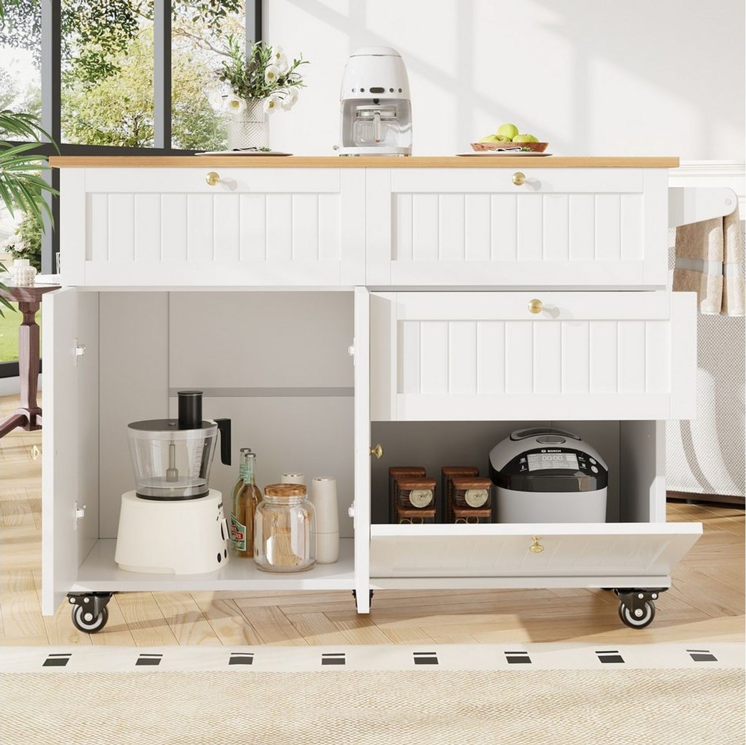 Flieks Küchenwagen mit erweiterbare Arbeitsplatte, Rollen/Holzfüße austauschbar, (1 St), Servierwagen Buffetschrank Kücheninsel mit Schubladen Weiß Bild 1