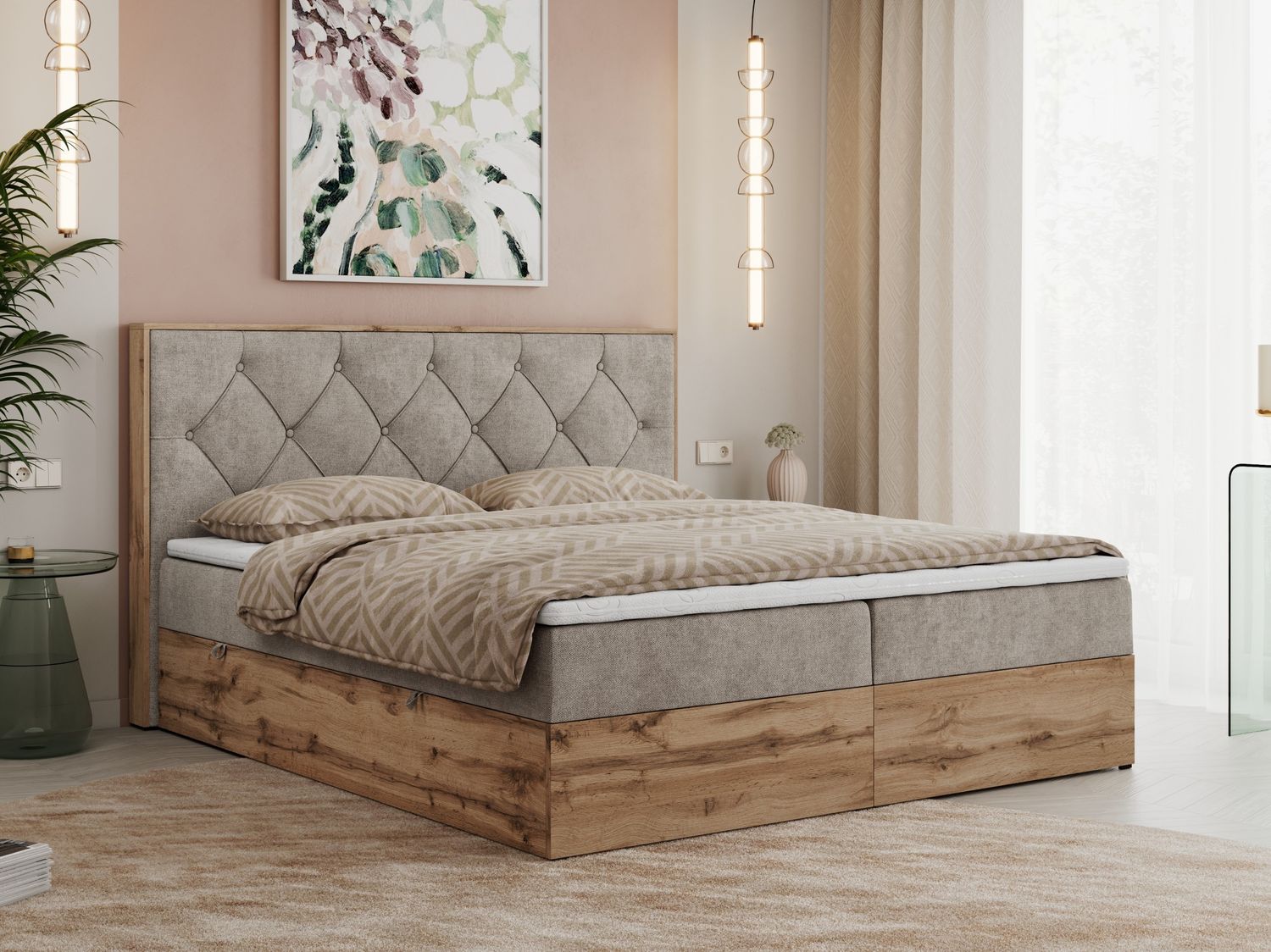 Boxspringbett, Schlafzimmerbett, Bettkasten - VENETO - 180 x 200 cm - Beige Stoff - H4 Bild 1
