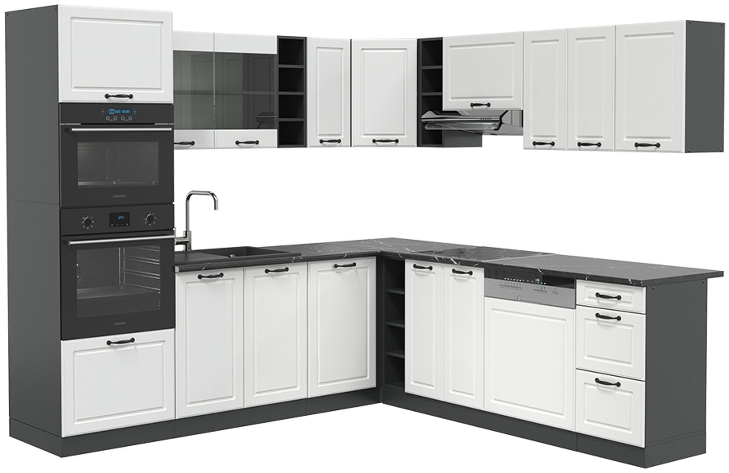 Eckküche R-Line Weiß Landhaus/Anthrazit 247 x 46 cm ohne Arbeitsplatte Vicco Bild 1