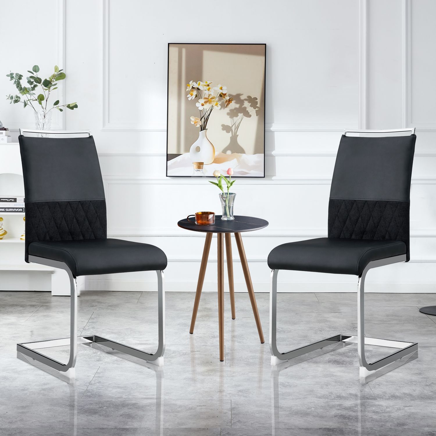 2er Set Ergonomischer Akzentstuhl Kunstleder Leinen, Küchenstuhl, Esszimmerstuhl, komfortabel, pflegeleicht, stabil,Schwarz Bild 1