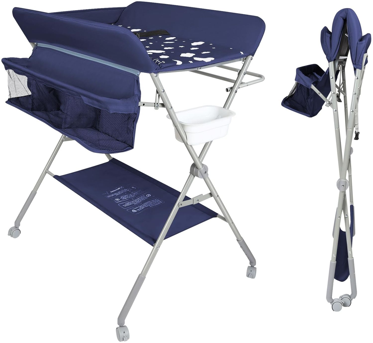 Wickeltisch, zusammenklappbar, mit Aufbewahrungskorb, Struktur aus Eisen, max. Belastung 25 kg, für Neugeborene, ergonomisches Design, Wickeltisch, 80 x 58 x 90 cm – Marineblau Bild 1