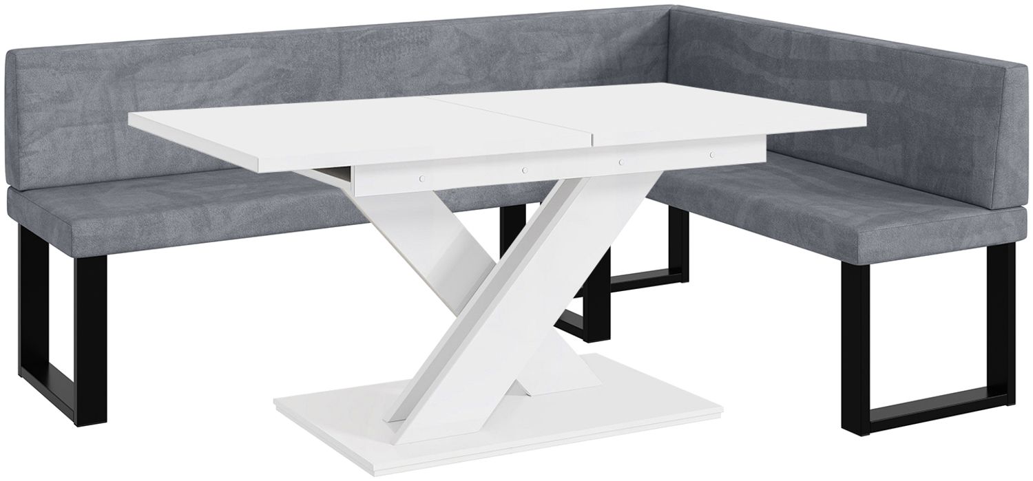 MEBLINI Eckbank für Esszimmer mit ausziehbarem Tisch - Küchenbank - Essecke - Sitzecke Küche - TONI - U-Beine 142x196x87cm Rechts - Grau Samt/B Weiß Matt Bild 1