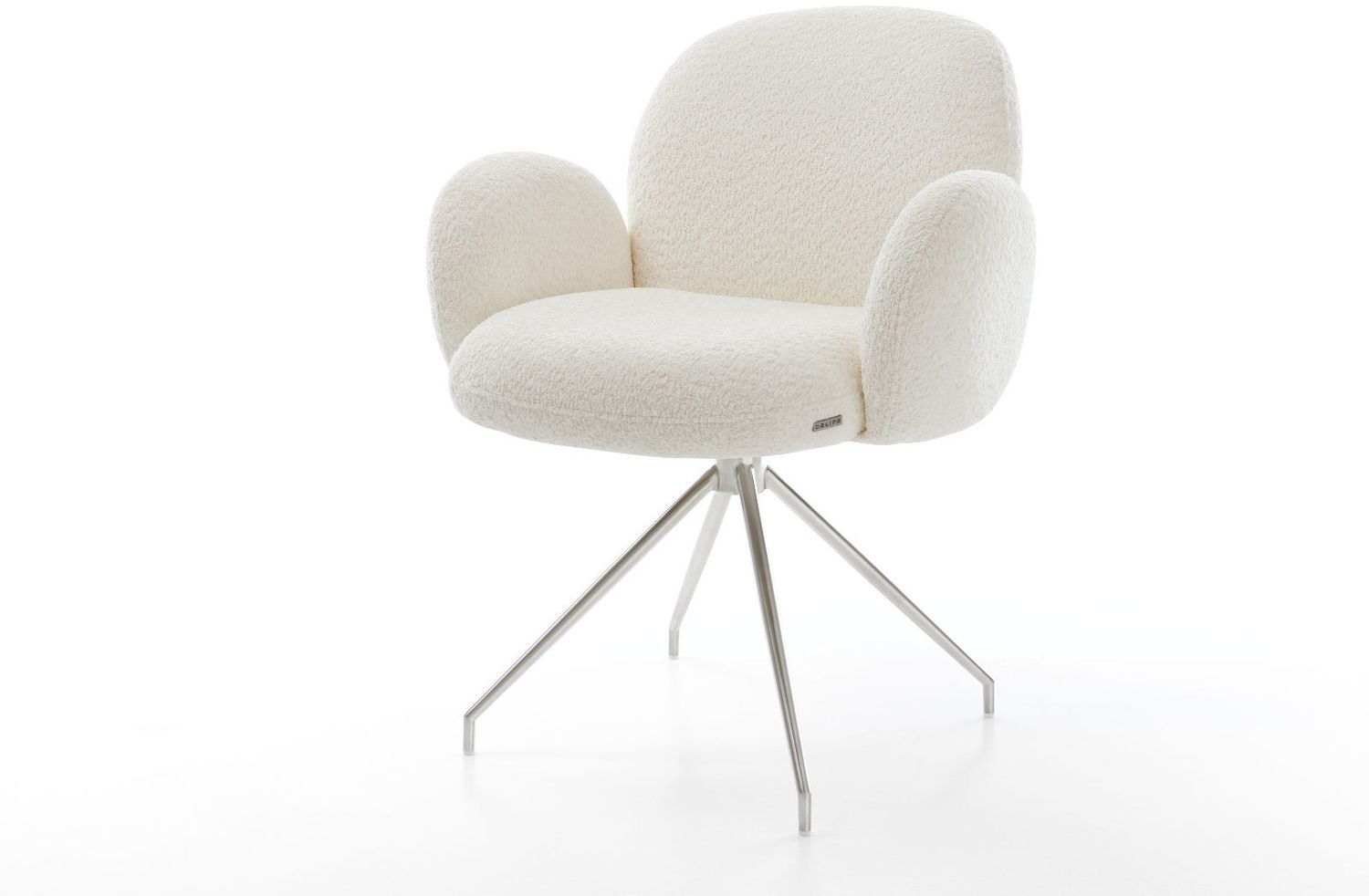 Drehstuhl Nube-Flex mit Armlehnen Bouclé Weiß Kreuzgestell konisch Edelstahl 180° drehbar Taschenfederkern Bild 1