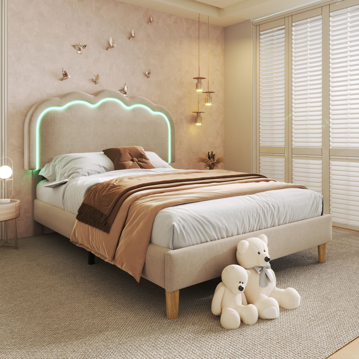 Polsterbett 90x190 cm mit verstellbarem Kopfteil und LED, Beige, ohne Matratze Bild 1