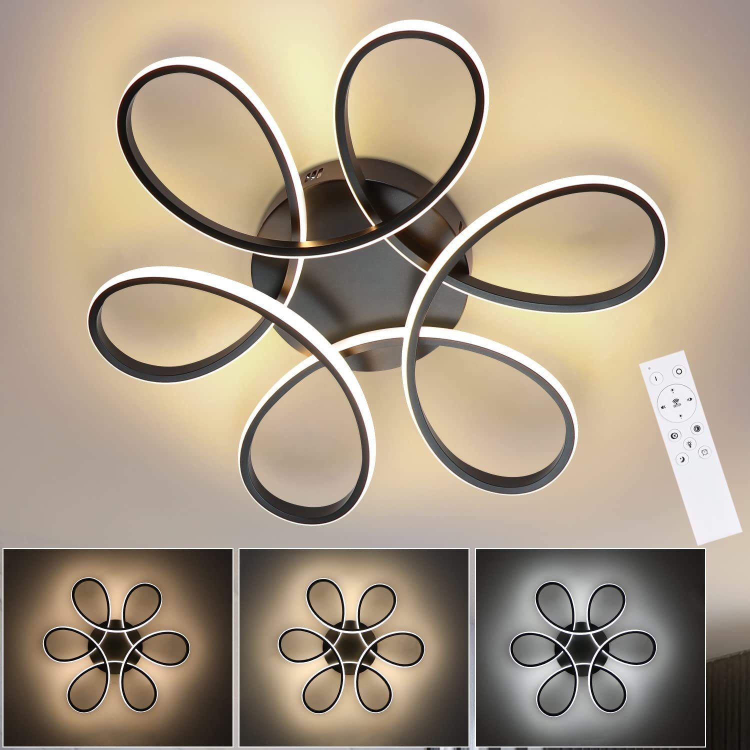 ZMH Deckenlampe LED Deckenleuchte Wohnzimmer Modern Dimmbar mit Fernbedienung 50W Schwarz Wohnzimmerlampe Kreative Geometrie Design Groß Schlafzimmerlampe für Küche Esszimmer Ø50CM Bild 1