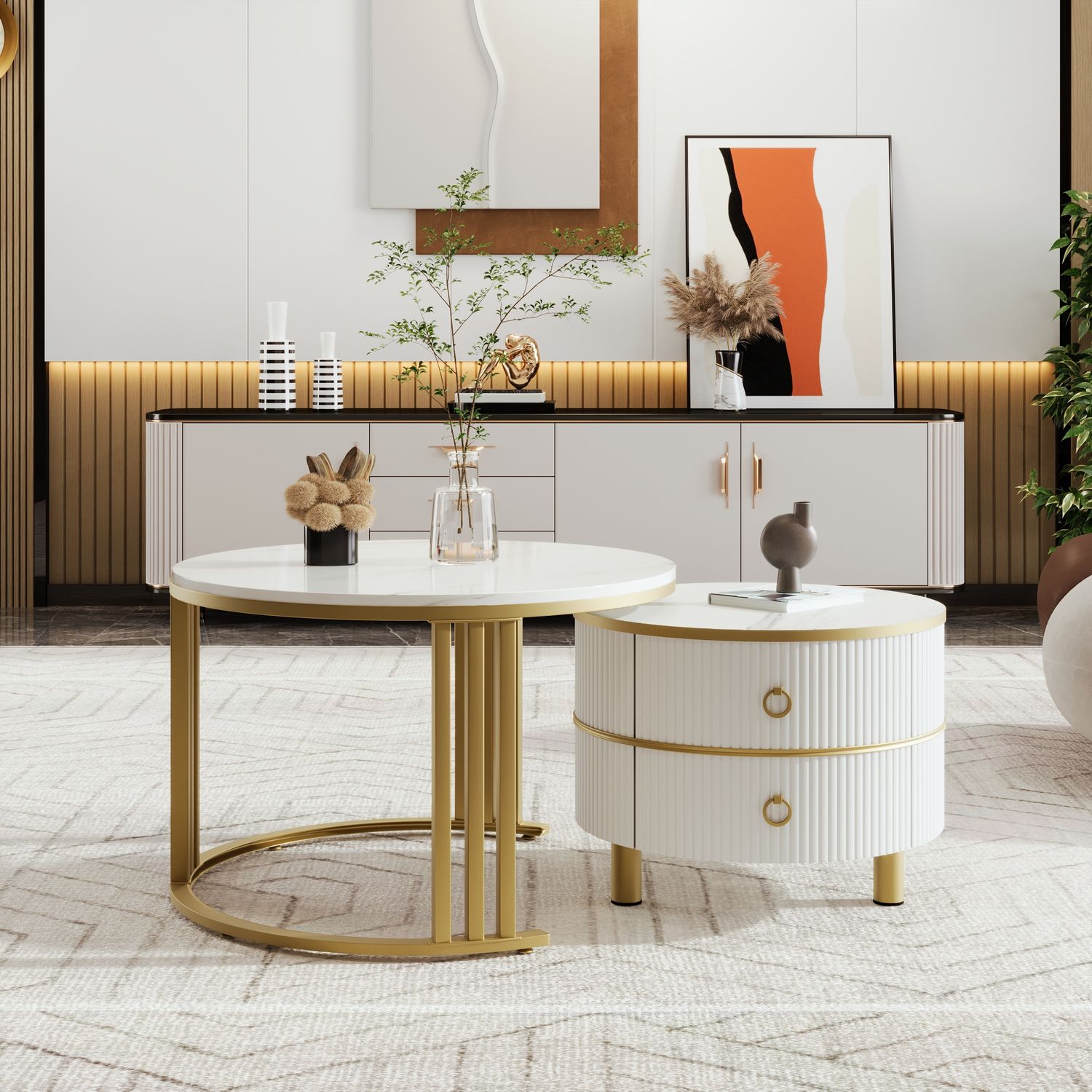 Couchtisch 2-teilig Set rund mit Marmormuster Gold und Weiß Hochglanz Tischplatte mit Schubladen Stauraum Bild 1