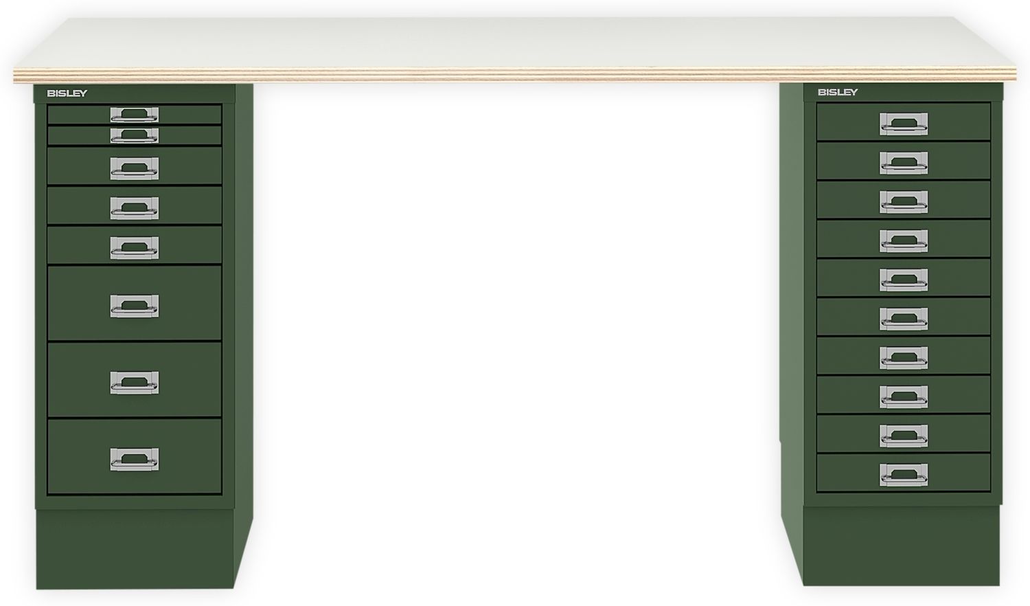 MultiDesk, 1 MultiDrawer mit 10 Schüben, 1 MultiDrawer mit 8 Schüben, Dekor Plywood, Farbe Olivgrün, Maße: H 740 x B 1400 x T 600 mm Bild 1