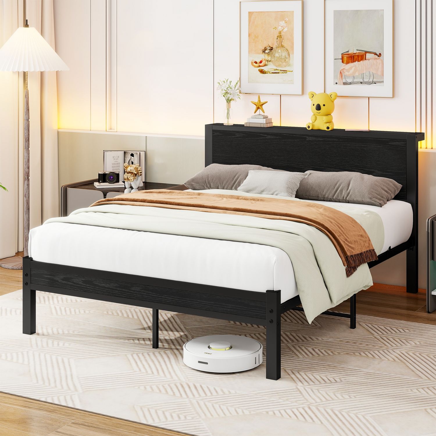 Flieks Doppelbett 140 x 200cm, Metallbett mit Stauraum-Kopfteil, Schwarz Bild 1